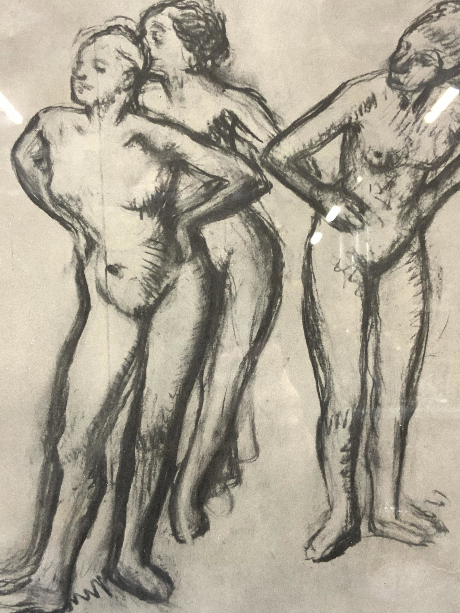Degas Female Nude Drawing Litho: Lithograph of Degas charcoal drawing of 3 nude women standing and looking off to the side. Framed in ornate silver metal leafed wooden frame with dark gray mat board under glass. Approximately 16 x 14