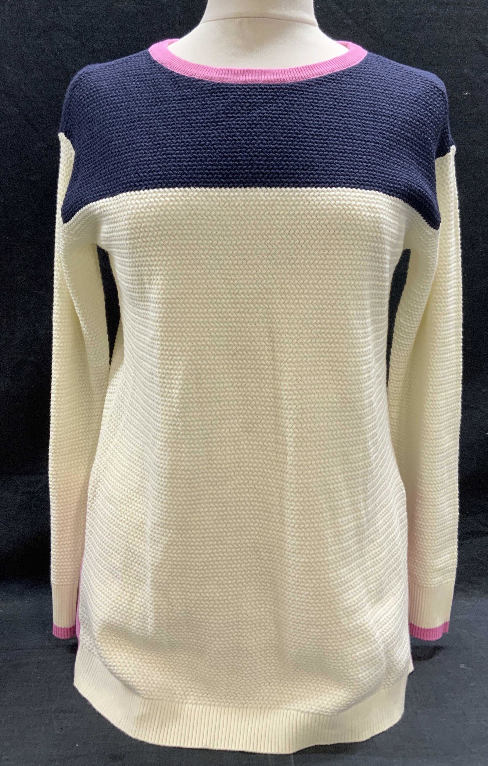 TALBOTS White/Blue/Pink Color Block Sweater: Talbots white, blue, and pink color block sweater. Size S. Material feels like wool. Gently worn. Property of Palm Beach, Florida Estate. Talbots, Talbots sweater, ladies designer sweater, ladies desi