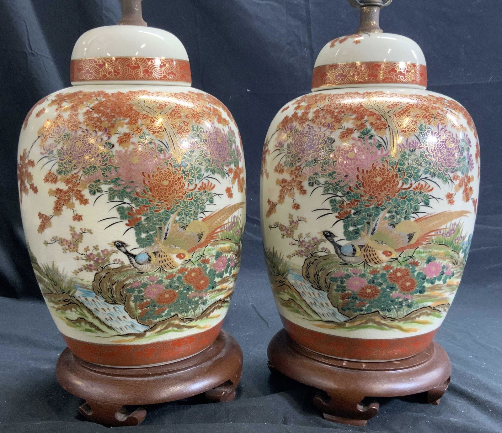 Pair Asian Porcelain Lamps W Wood Bases (1 of 8)