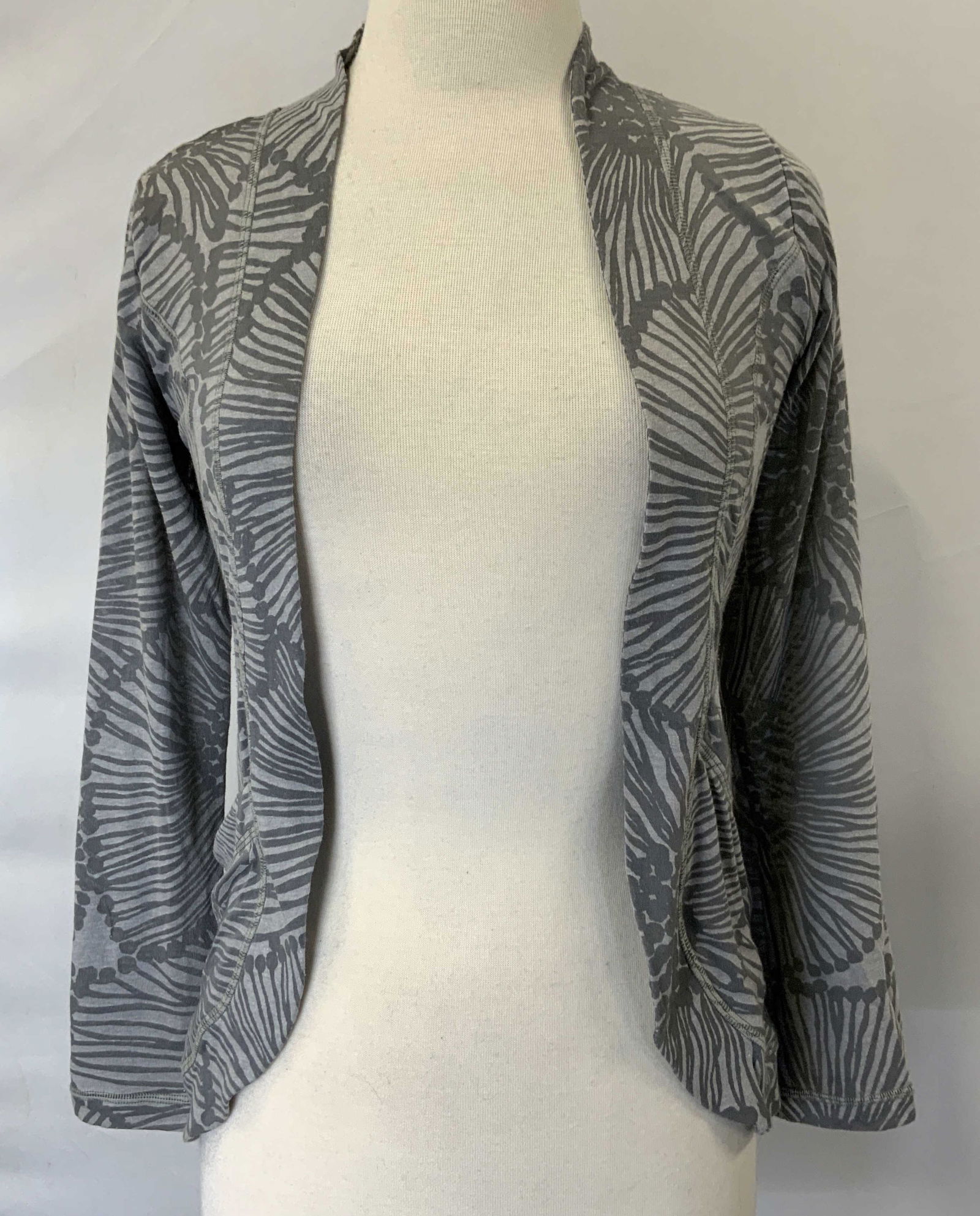 SOFIBELLA Sheer Grey Botanical Print Cardigan: SOFIBELLA sheer grey open cardigan with botanical print. Size XS. Cotton and polyester blend. Gently worn. Property of Palm Beach, Florida Estate. SOFIBELLA, SOFIBELLA cardigan, ladies designer cardig