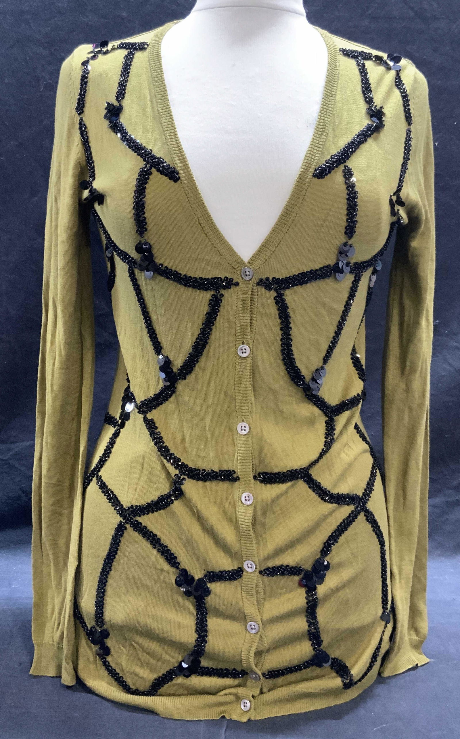 ADRIENNE VITTADINI Green Silk Blend Cardigan NWT: Adrienne Vittadini green silk blend cardigan with black bead and sequin detail. Size S. New with tag. Property of Palm Beach, Florida Estate. Adrienne vittadini, Adrienne vittadini cardigan, ladies de