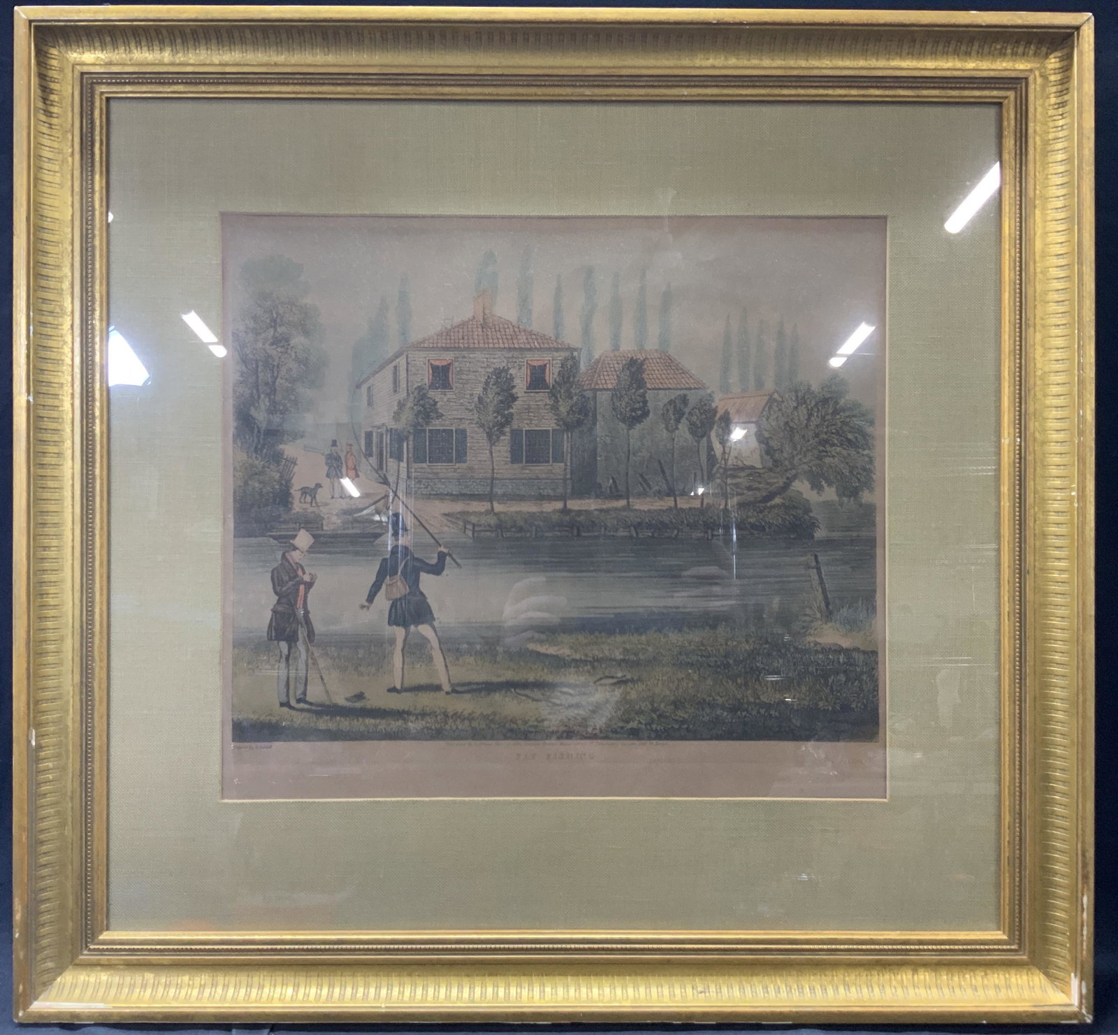 Fly Fishing Colored Etching, J.Pollard: Marked on Left corner, Painted by J.Pollard published by T.Helme Center reads Fly Fishing. Subject depicts a man in a top hat fly fishing, with another man waiting behind him and the background of the