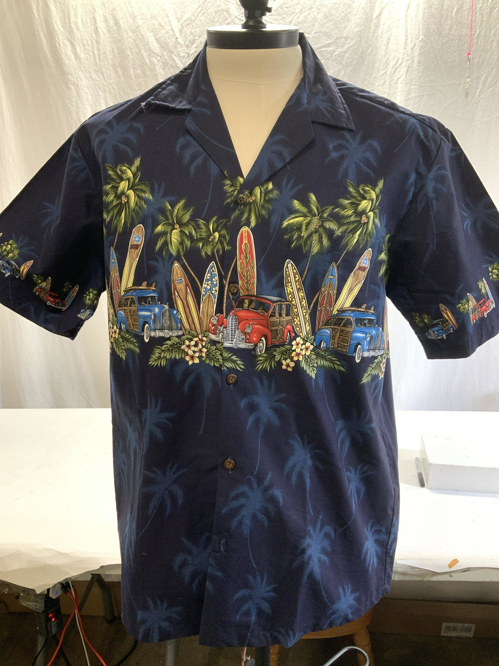 Pacific Legend Mens Cotton Hawaiian Shirt, Hawaii: Mens Hawaiian Vacation Shirt, made in Hawaii, size L, 30 in. Long, 44 in. Waist. Navy blue with Hawaiian palm trees and cars lined up with surfboards. Mens Hawaiian Shirt, Mens Summer Fashion, menswea