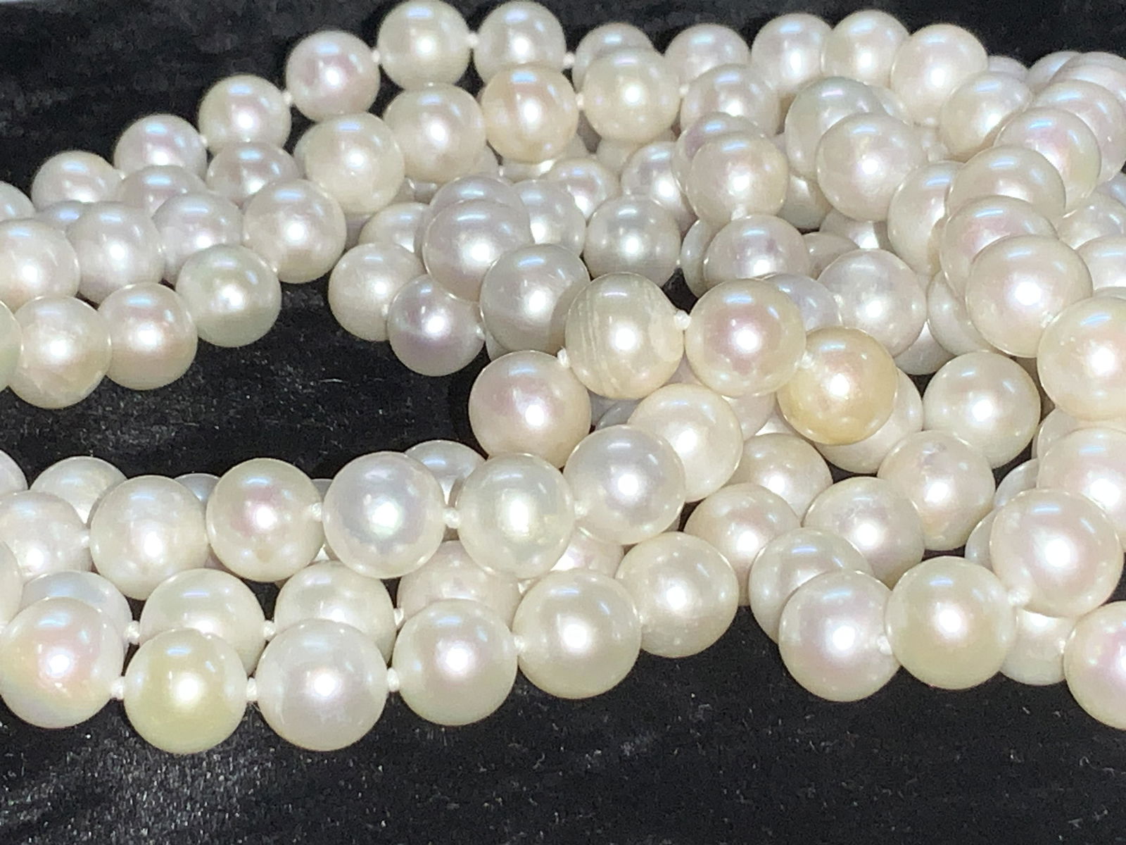 Rope Length Glass Pearl Necklace, 64 in.: Double knotted glass pearl necklace, 64 in. Antique white pearls have a realistic look to them with luster. 64 in. Long. Pearl bead size 7-8 mm Luxury Estate Jewelry, Luxury vintage Jewelry, Ladies Lu