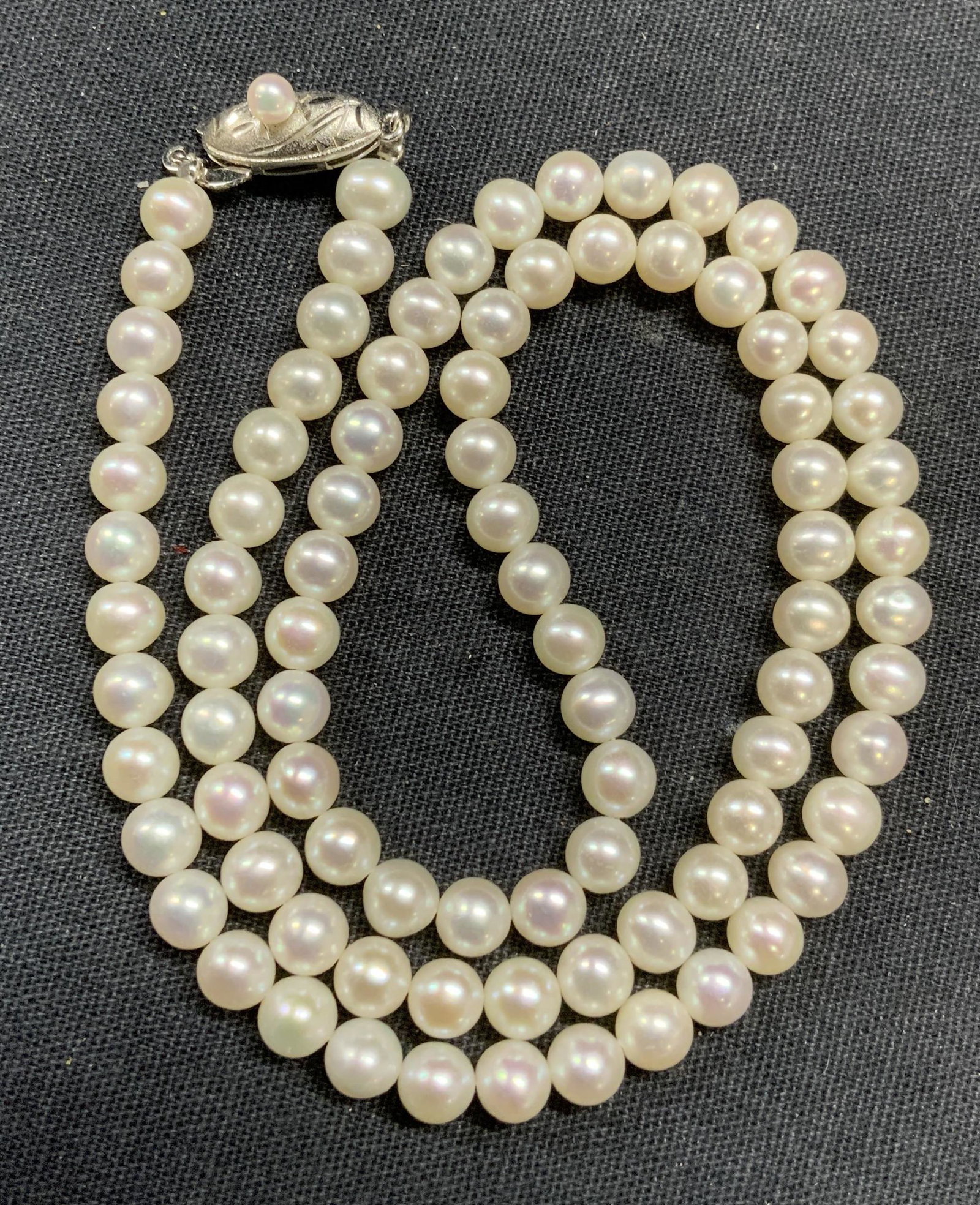 Faux Seed Pearl & Silver Clasp Choker Necklace: Faux seed pearl necklace with silver clasp. Marked silver to clap. Measures approx. 17 inches long. In good condition. Estate jewelry, cocktail jewelry, fashion jewelry, costume jewelry, faux pearl ne