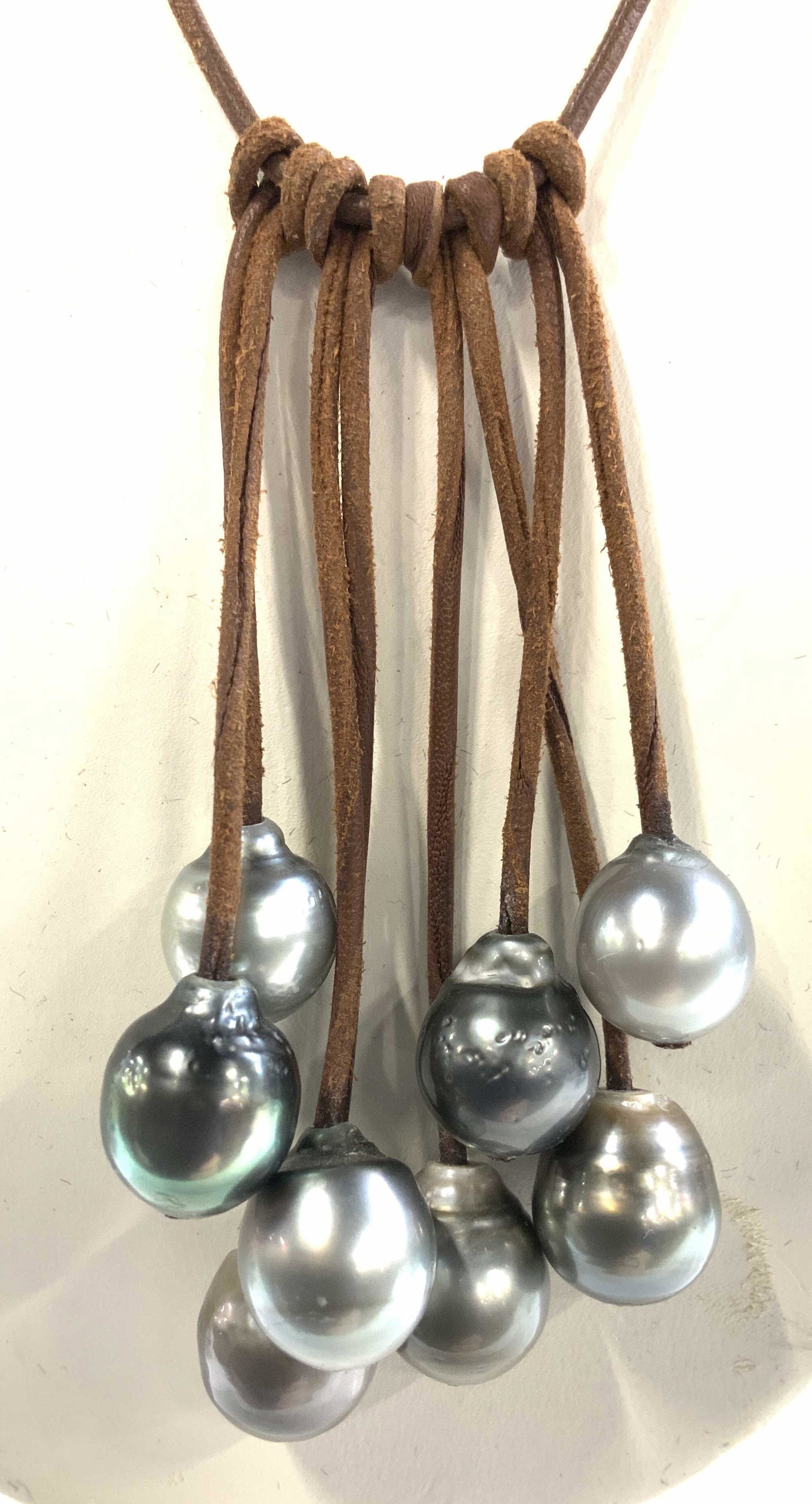 Glass Tahitian Style Costume Pearl Jewelry Set, 3: Artisanal necklace and earring set made with suede cord and glass Tahitian style pearls. Necklace 20 in. with 3 in. Pendant. All handmade. Earrings 2.5 in. Long. Pearls are very realistic. Luxury Esta