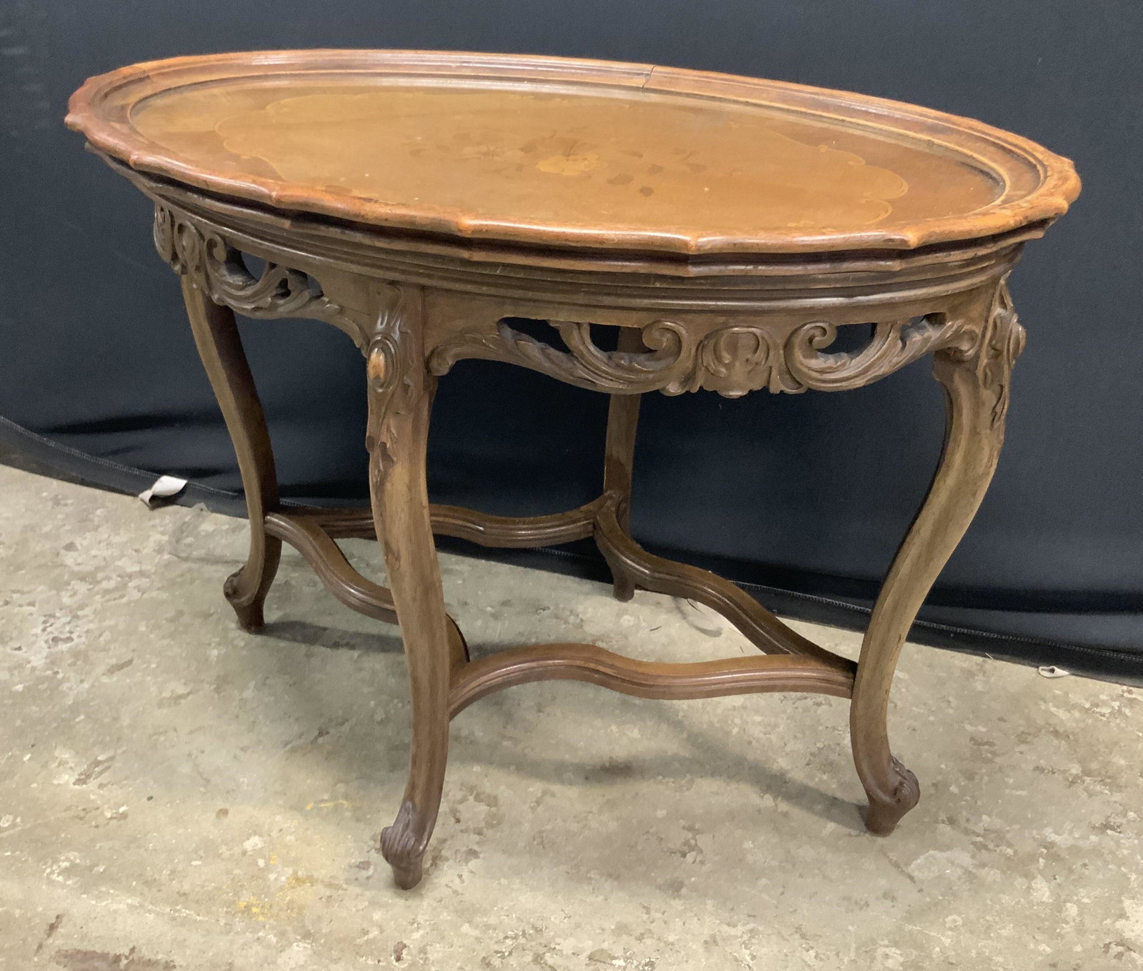 Vntg Carved & Inlaid Floral Motif Oval Side Table (1 of 12)