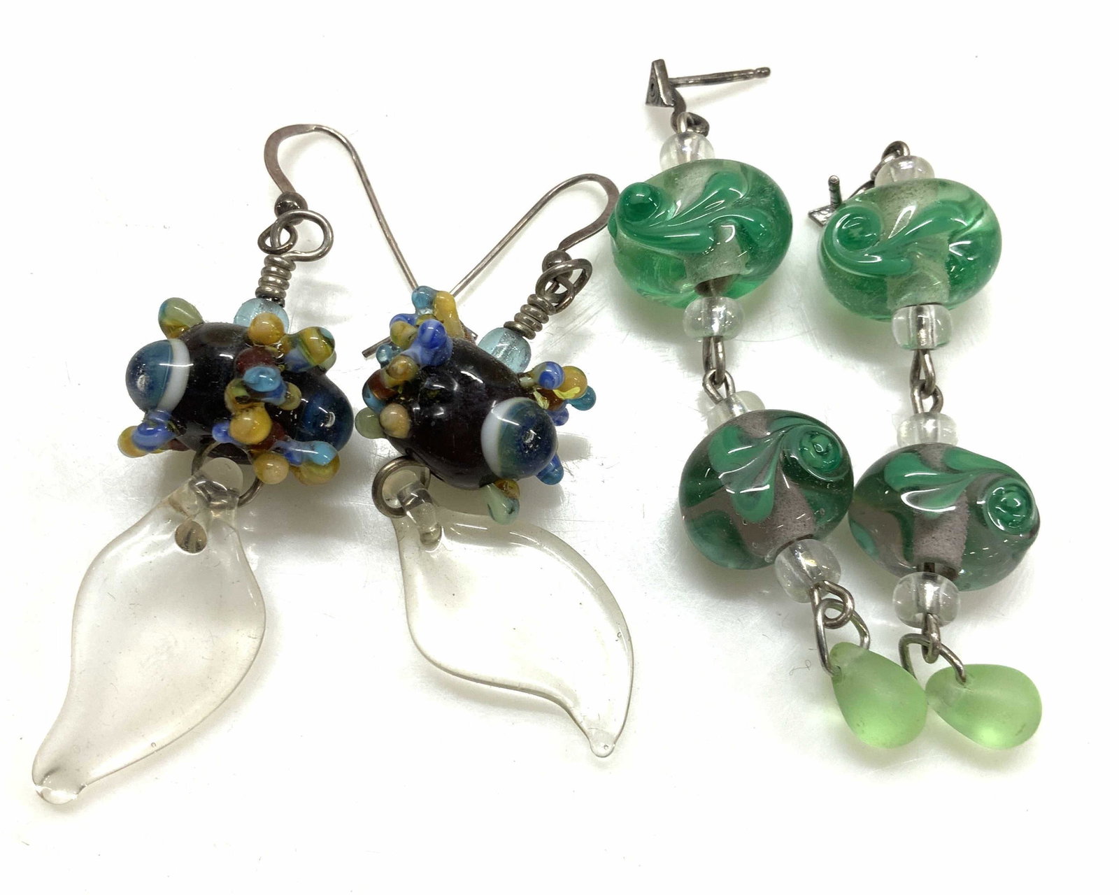 2 Pr Hand Made Art Glass Earrings, Sterling Backs (1 of 6)