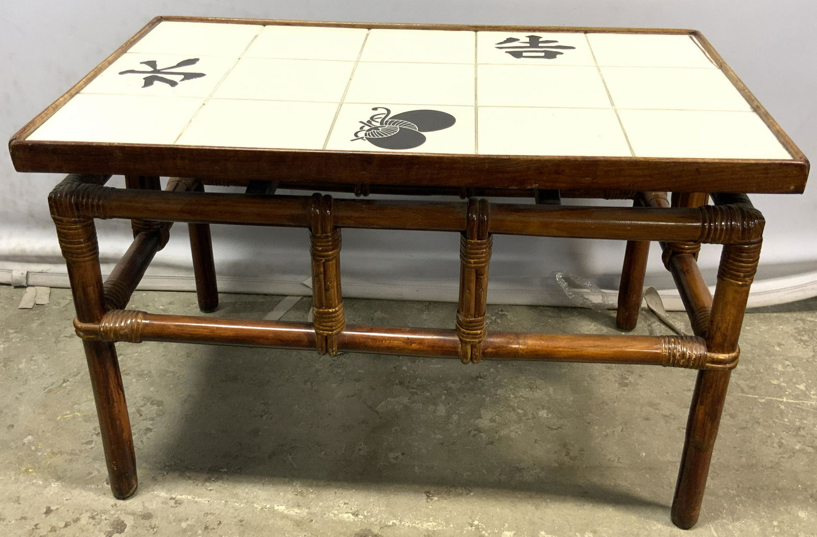 Vintage Asian Ceramic Tile & Bamboo Side Table (1 of 14)