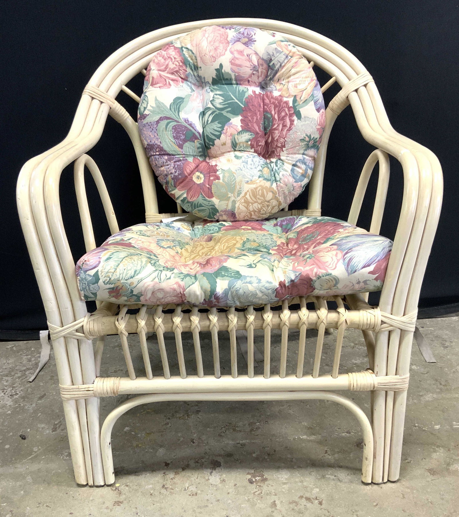 Vintage Bentwood Style Armchair W Cushion: Armchair is vintage possibly antique. Piece is cream toned & bentwood style. Armchair includes floral detailed tufted cushions. Chair measures approx 34 inches tall 28 inches wide & deep. Armchair, be