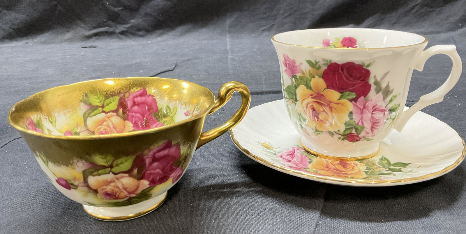 Lot 3 Porcelain Tea Ware, Teacups & Saucer: Porcelain Tea Ware, Teacups & Saucer. One matching teacup and saucer, label reads, ‘Golden Crown, Fine bone china England’. Single Teacup labeled ‘ Golden Rose, Royal Chelsea, english bone china