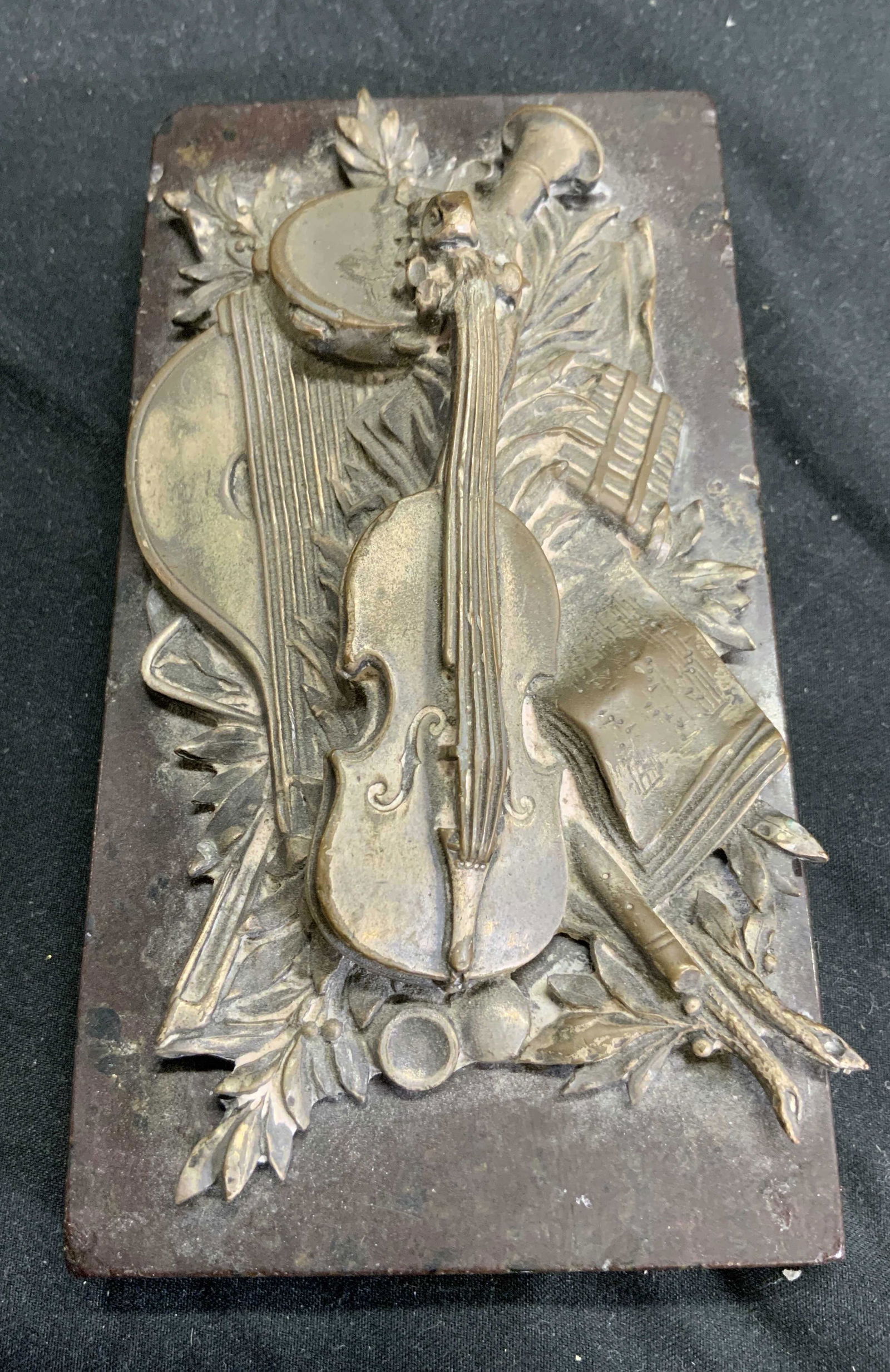 Vntg Marble & Bronze Instrument Sculpture Plaque (1 of 7)