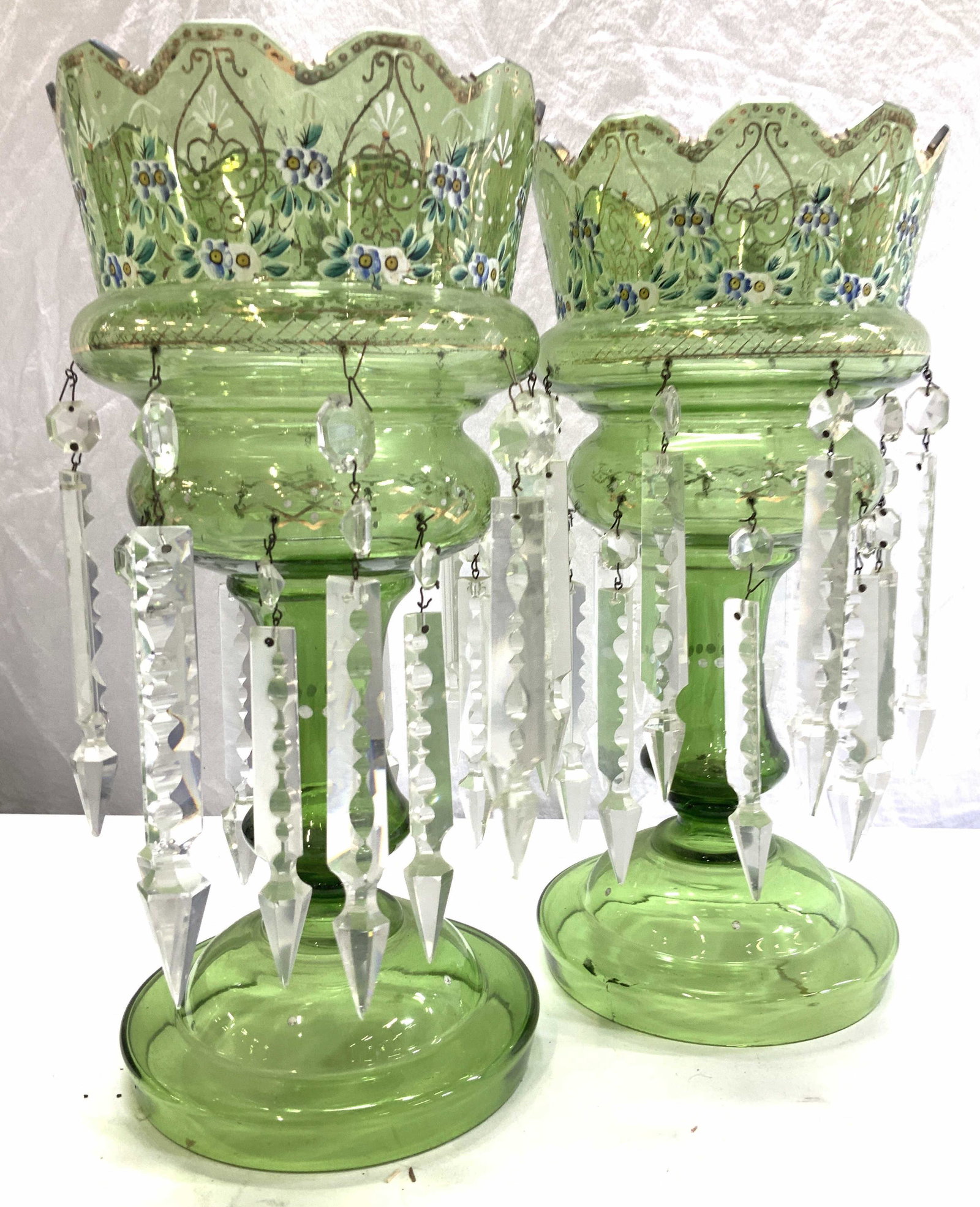 Pair Painted Green Crystal Lustres with Prisms (1 of 11)