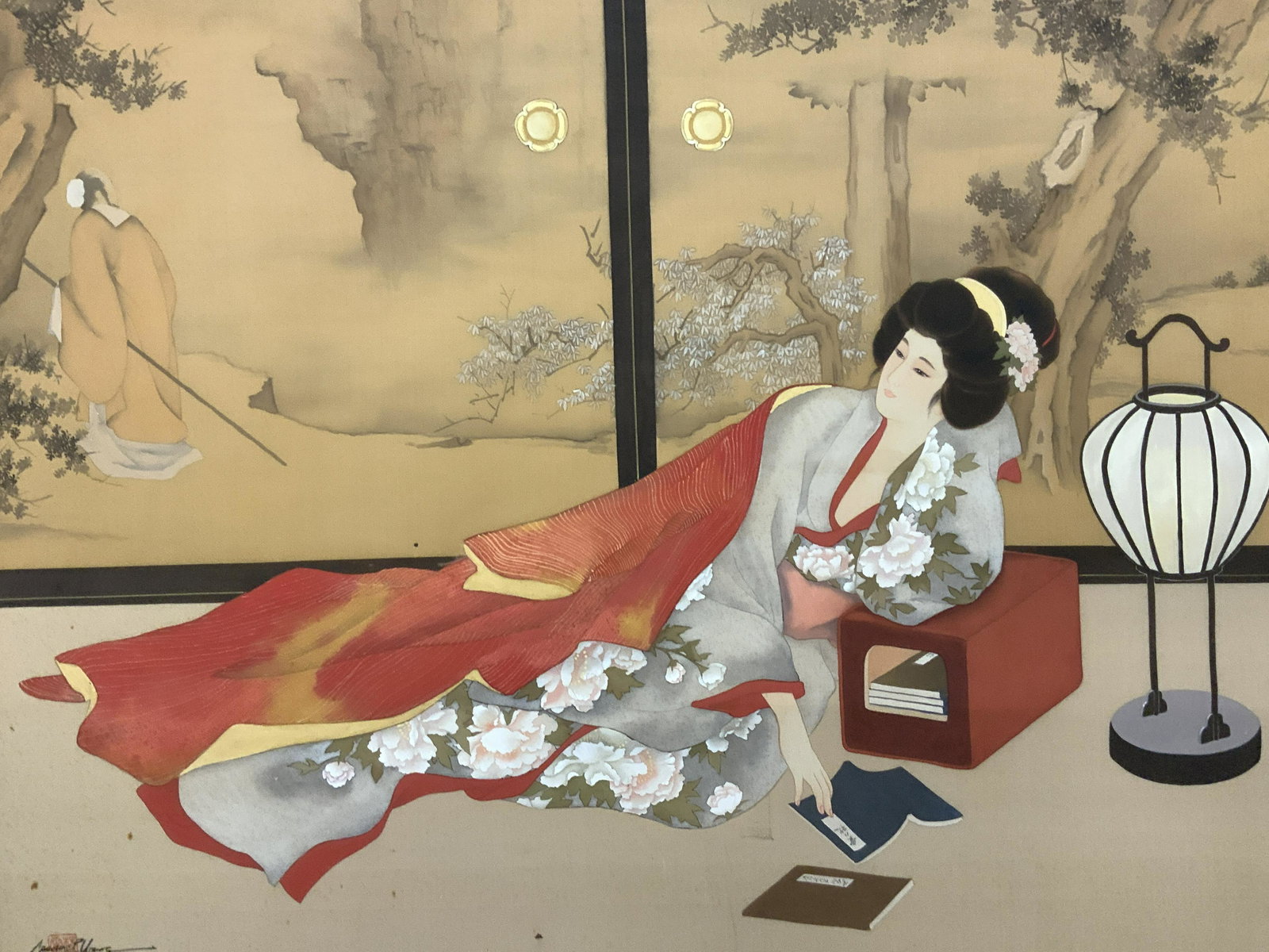 Caroline Young Signed Japanese Silk Painting XL: Approximately 41.5 x 53.5 inches window measures 33.5 x 45.5 inches Signed in lower left corner Caroline R.Young, along with signature stamp in red Subject depicts a reclining Chinese woman in traditi