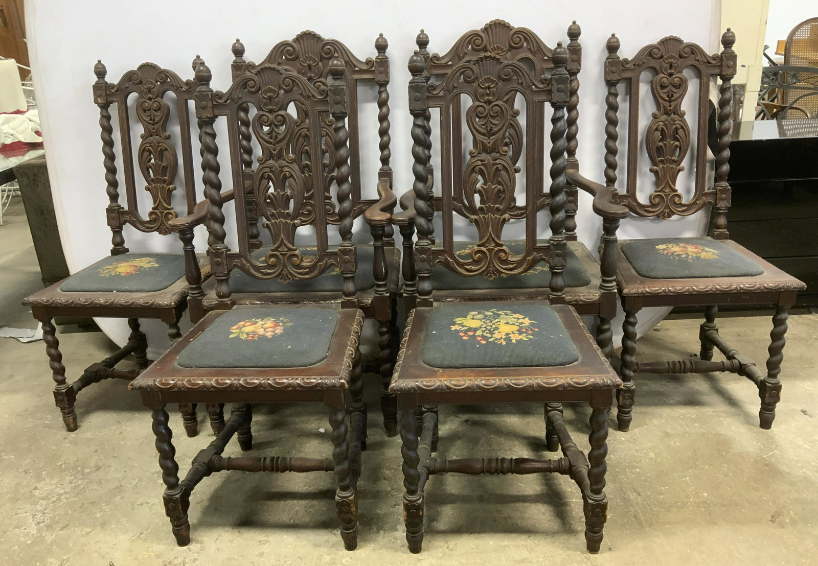 Set 6 Vintage Dark Wood Tapestry Dining Chairs (1 of 16)