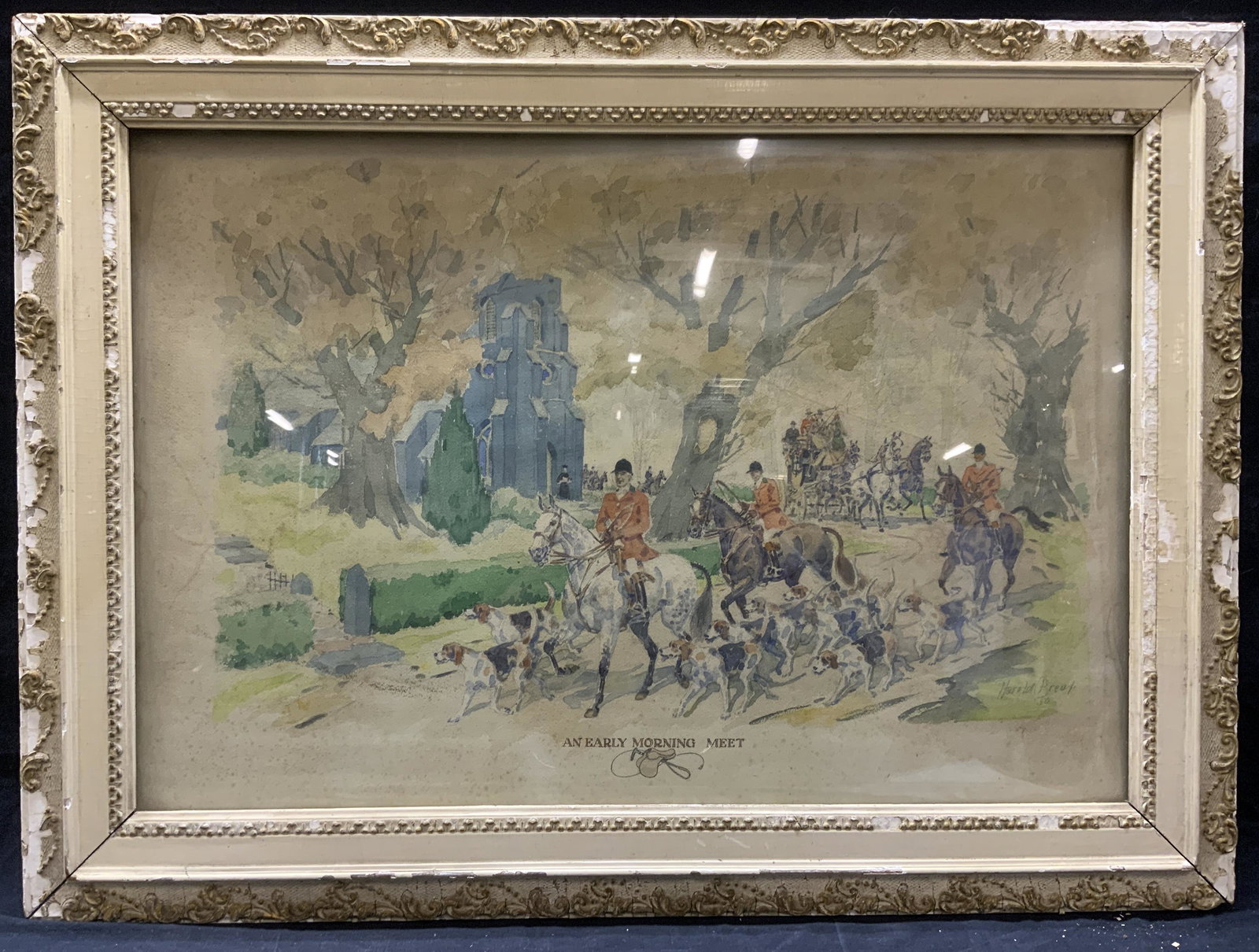 Sgn HAROLD BREUL Morning Meet Fox Hunt Painting (1 of 7)
