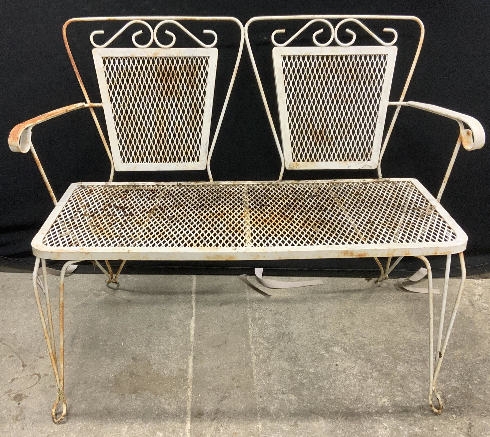 Mid Century White Wrought Iron Mesh Bench (1 of 8)
