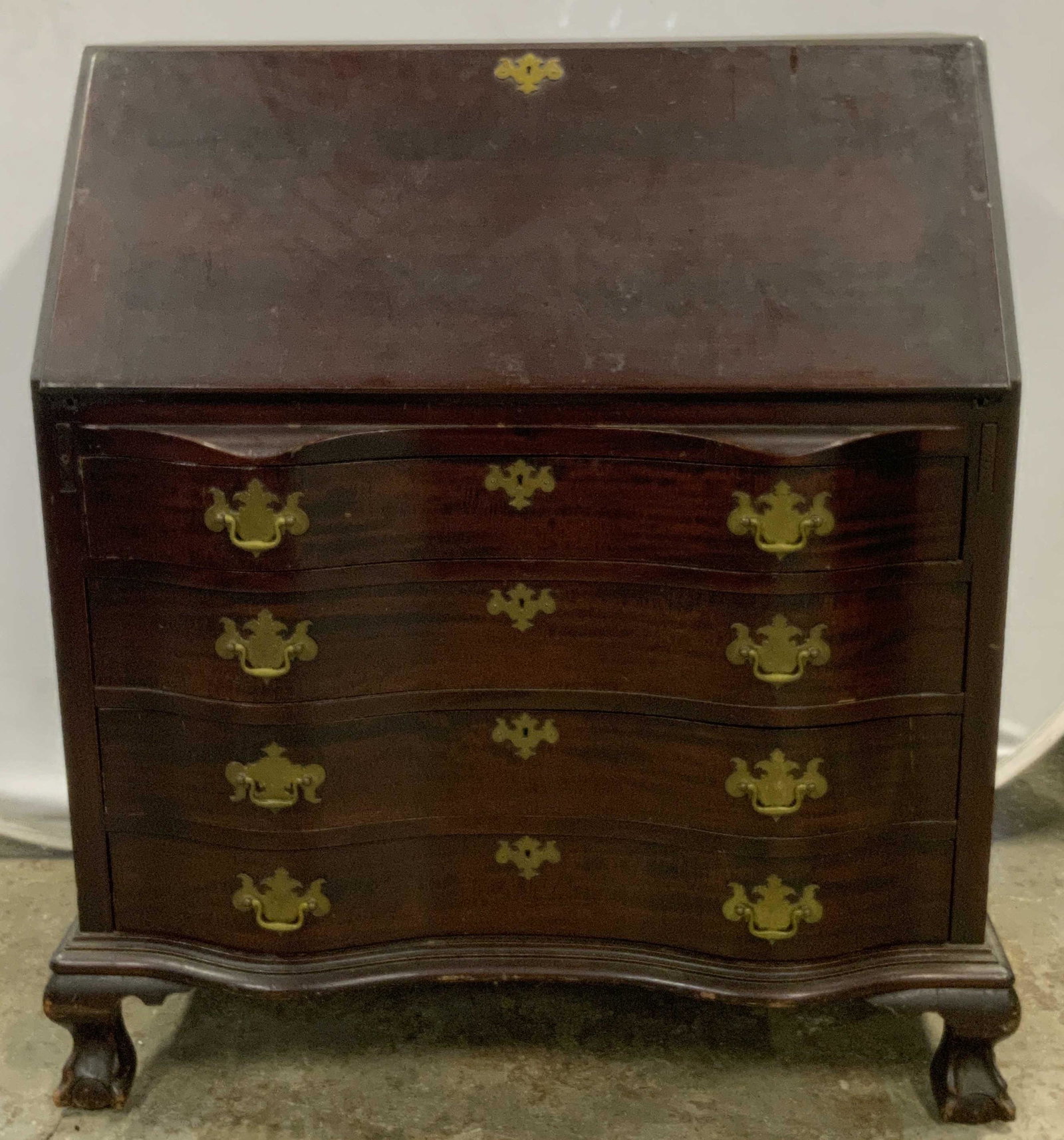 Vintage Dark Red Mahogany Wood Secretary: Vintage, possibly antique, dark red Mahogany wood Secretary desk. Surface wear consistent with exposure. Measures approx. 35.75 x 20 x 41.75 inches. Vintage Secretary, vintage writers desk, vintage de