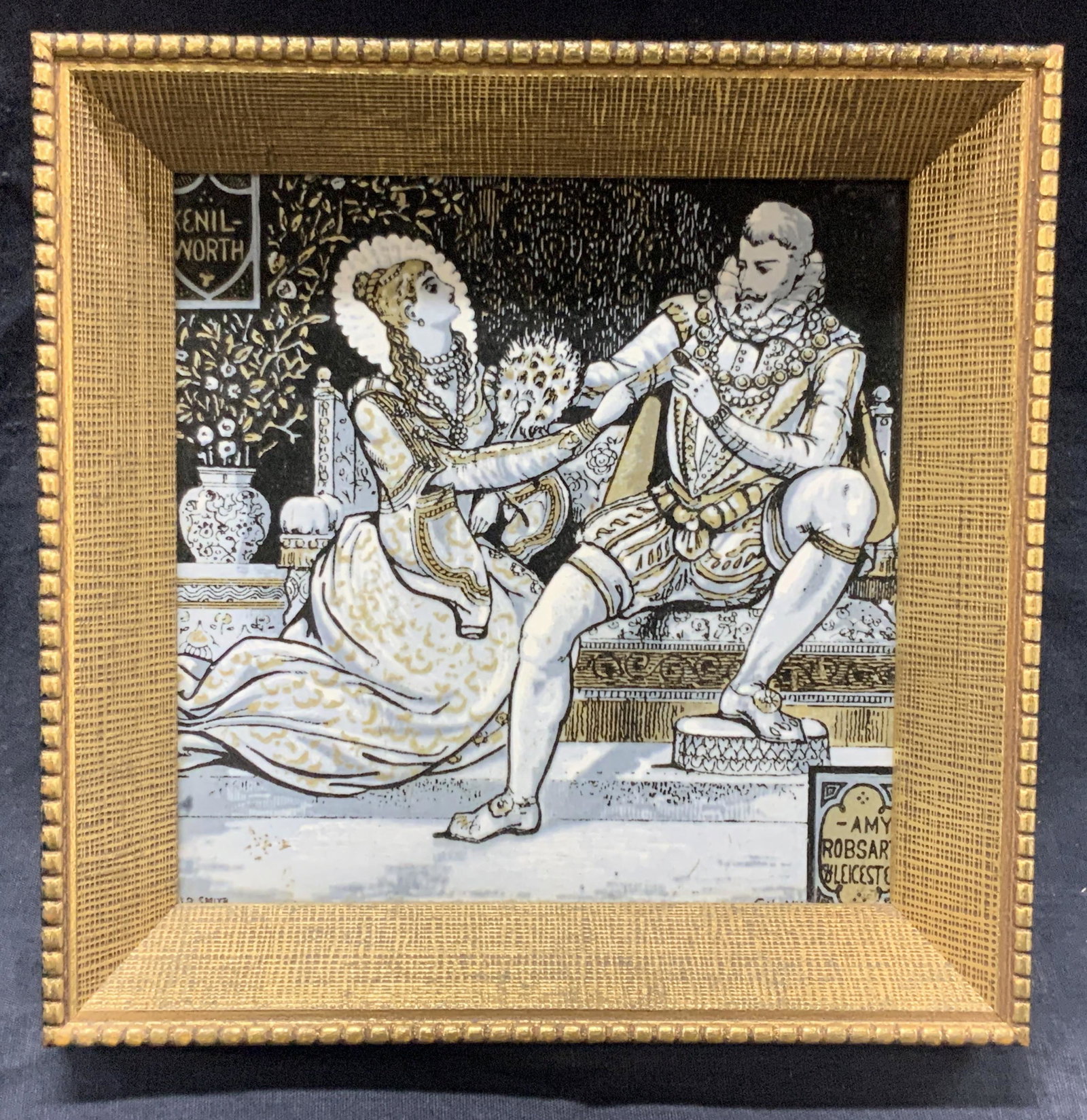 MINTONS Kenilworth Painted Tile: Marked on upper left corner Kenilworth, and right corner Amy Robsary Marked on lower left corner, blocked by frame, reads Smith. Subject depicted a man and woman in Victorian style fashion seated on a
