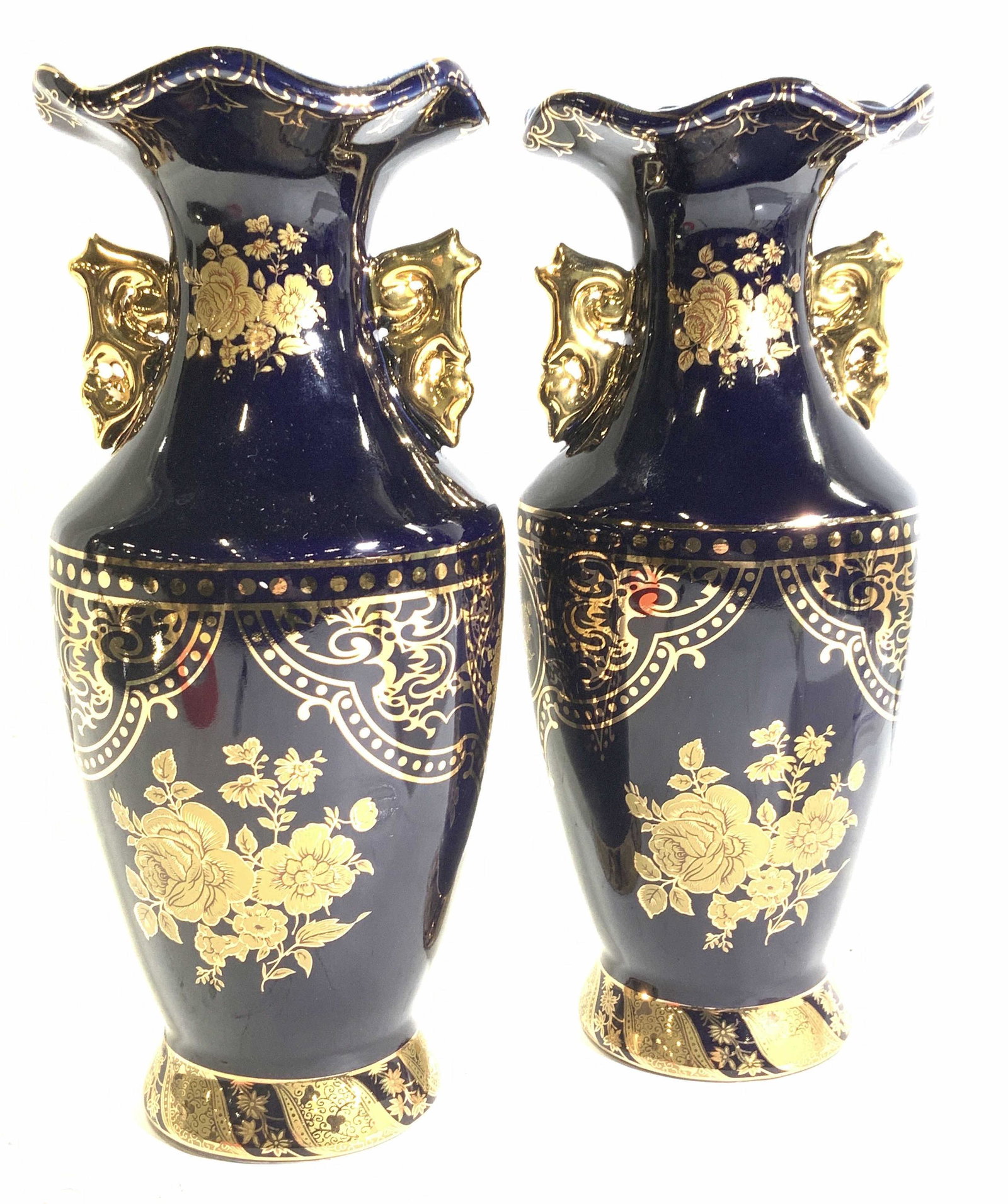 Pr MZ Cobalt & 24K Gilt Porcelain Vases, Czech (1 of 9)