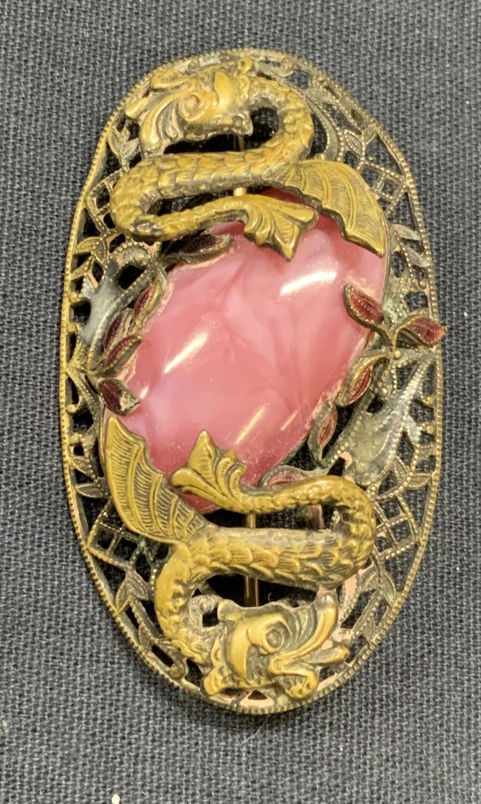 Asian Style Brass Dragon & Pink Cabochon Brooch (1 of 6)