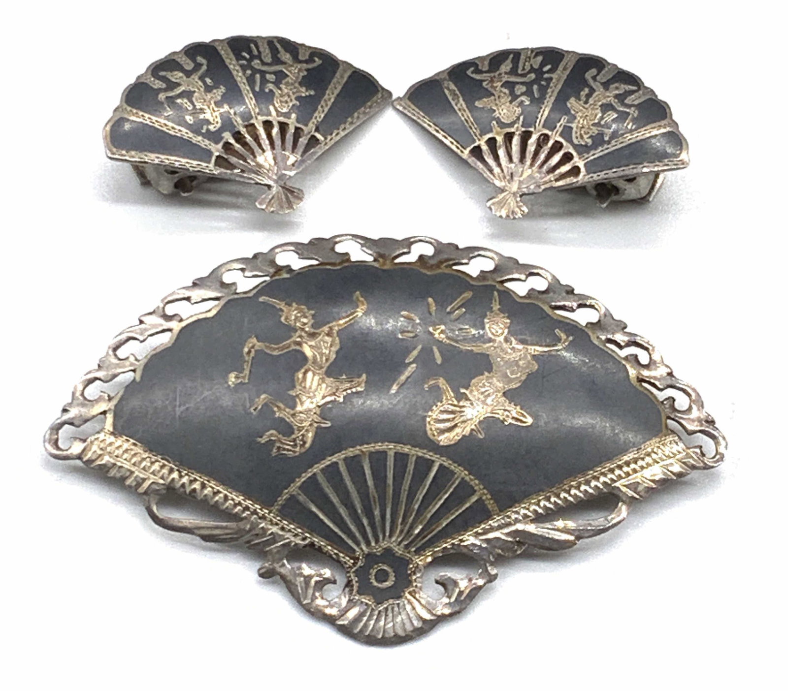 Set SIAM STERLING SILVER Fan Brooch & Fan Earrings (1 of 16)