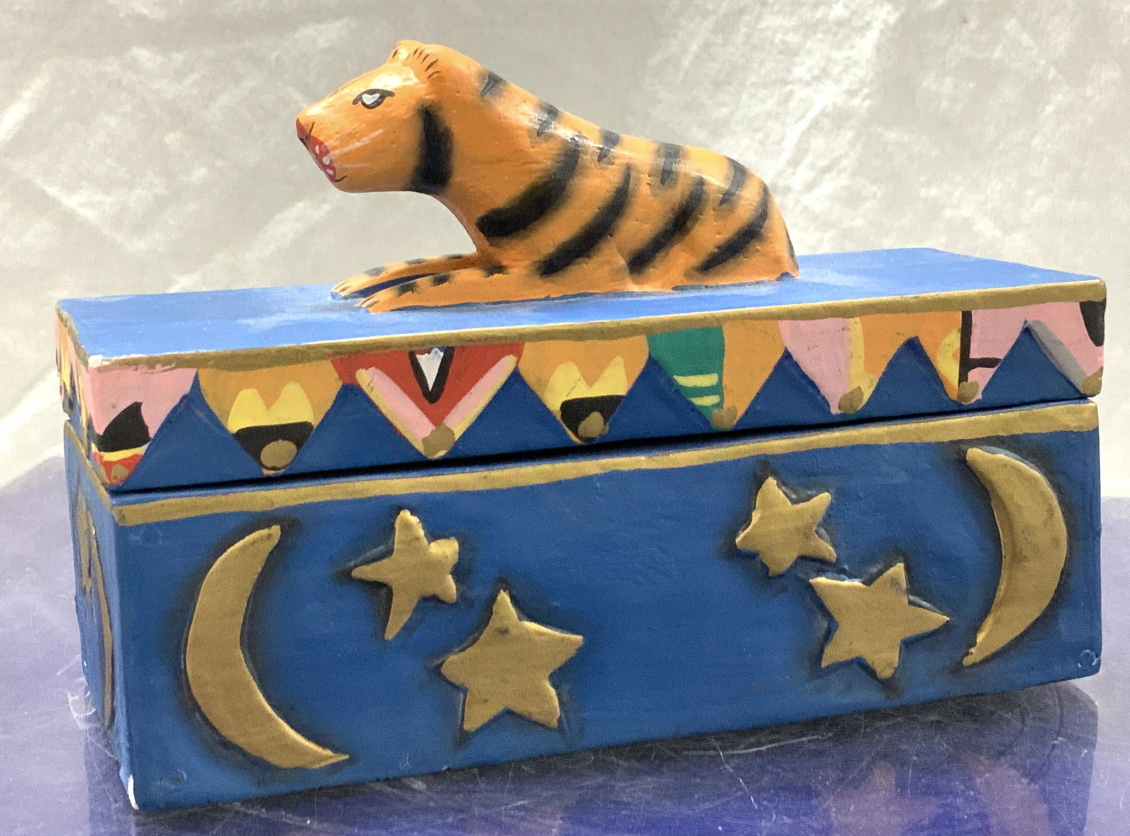 Hand Crafted & Painted Wood Trinket Box w Tiger (1 of 6)