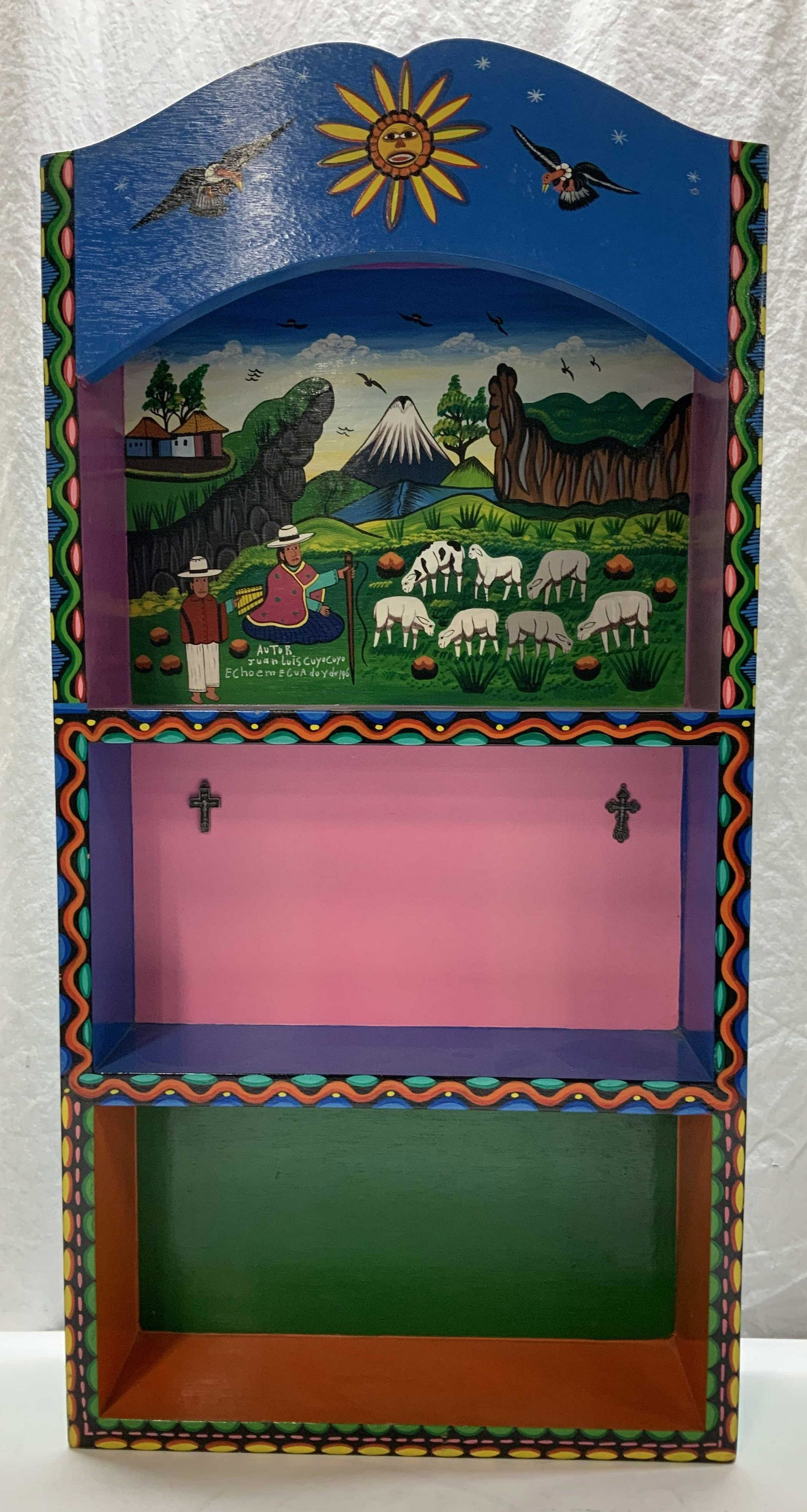 Hand Painted Wood Wall Shelf, Ecuador Sgn: Ecuadorian Folk Art, signed Artist. Brilliant glossy paint color with Ecuadorian Paisaje ( landscape) of country hill with the volcano Cotopaxi in the distance. Sun and condors are painted on the fron
