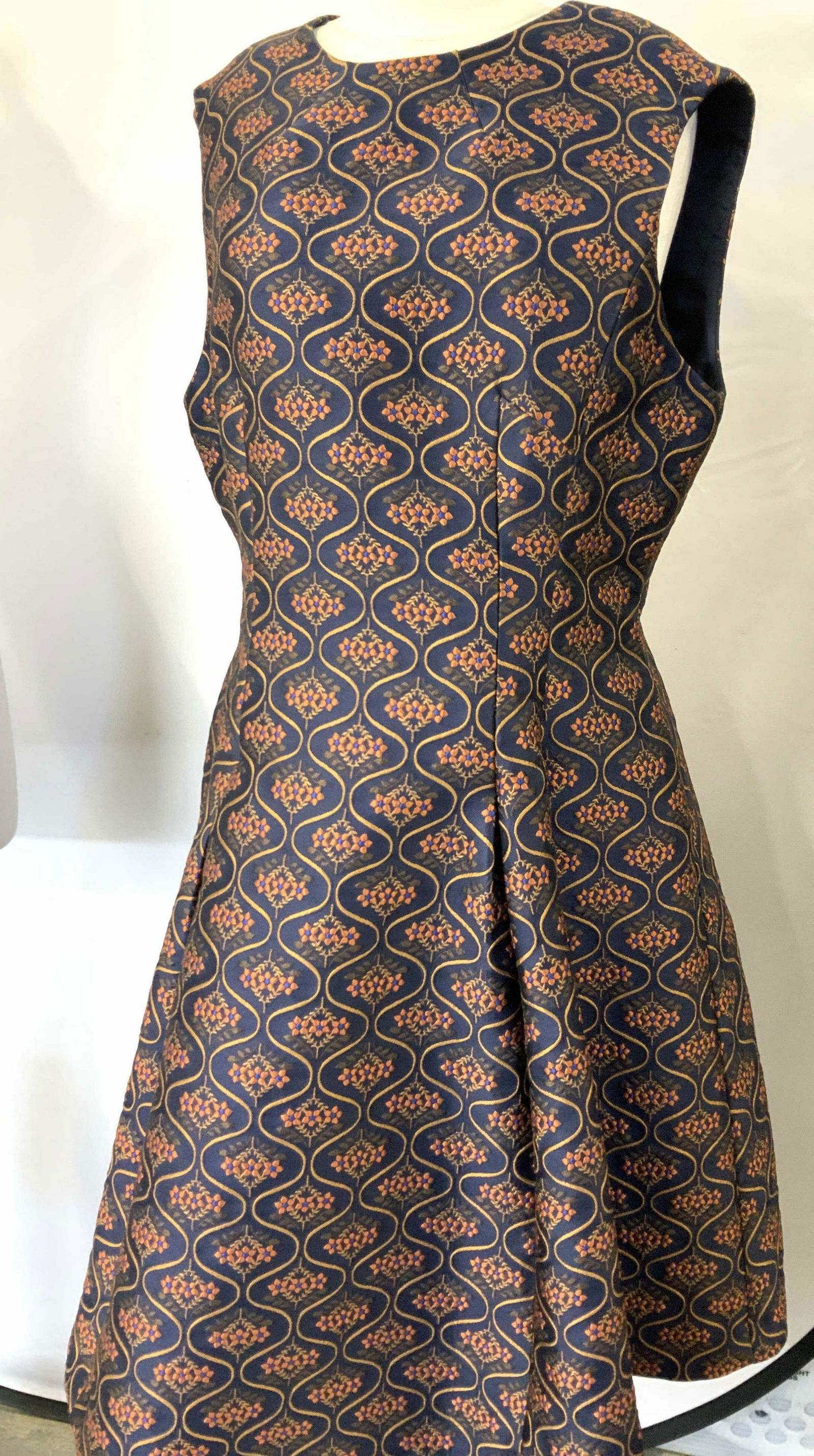 Brooks Brothers, J Crew Plus Size Dresses, 3: Brooks Brother Brocade Cocktail Dress, Size 14, navy with flowers, a Reticulated patters, lined, has hand pockets. Polyester brocade. Comes on a Brooks Brothers Hanger. Possibly worn 1 X. Like New. J