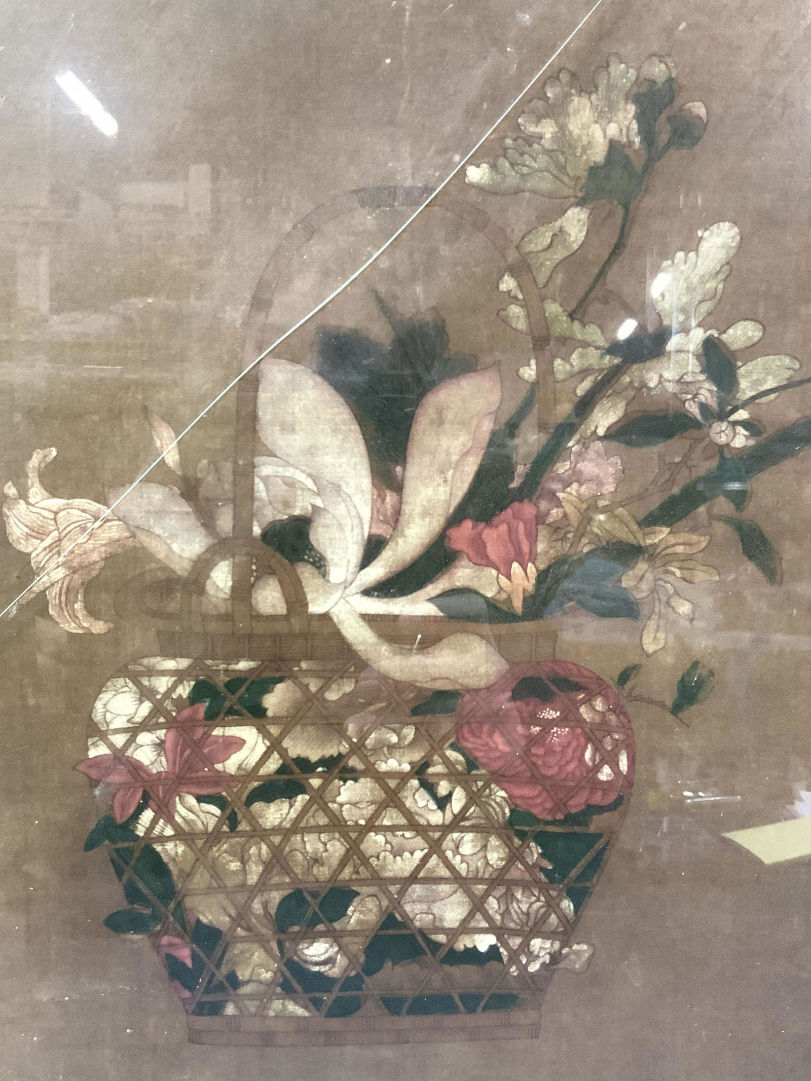 Asian Style Still Life Woven Flower Basket Litho (1 of 9)