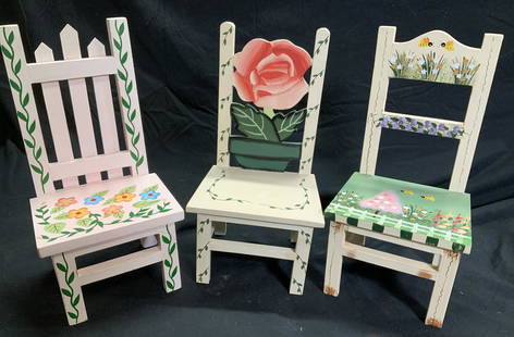 Group 3 Hand Crafted & Hand Painted Doll Chairs: World Bazaars Inc. Delton Product Corp, and kingstate Doll crafter Hand Painted and hand crafted doll chair. Beautiful country florals and leaf vine design. Measure 12 x 5 Ht x depth. 6 in. Wide. All