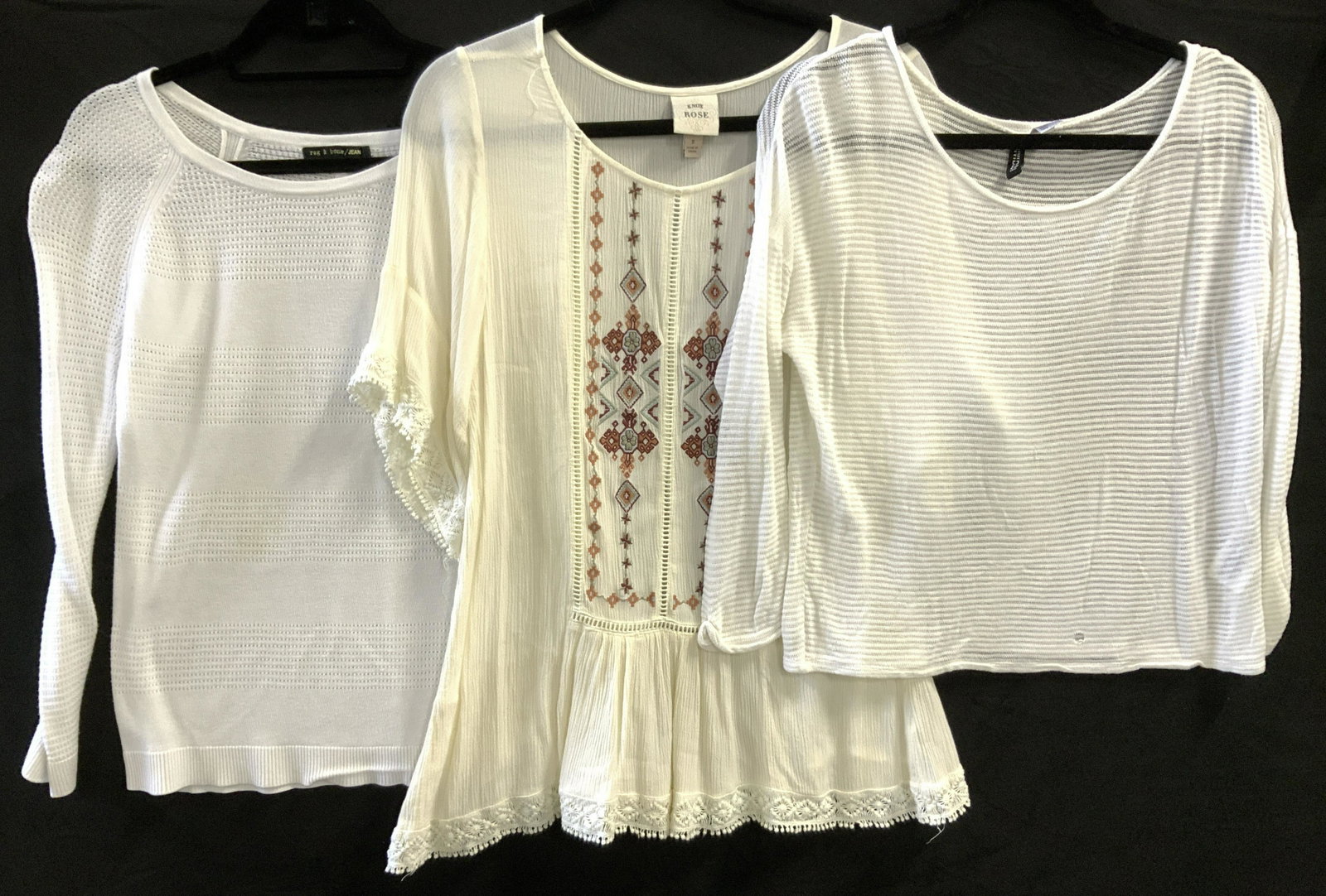 3 Ladies Tops, Rag&Bone, Dividid, Knox Rose: Bohemian short sleeve blouse with embroidery Knox Rose sz Small. Rag & Bone viscose knit long sleeve sweater, size small with light blemish in front. Dividid white .viscose sweater, lightweight. Has a