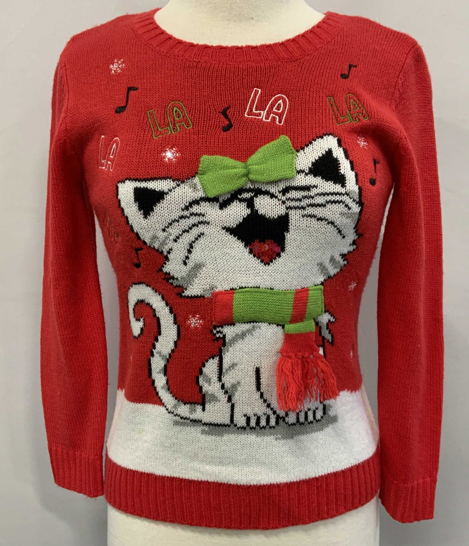 BLIZZARD BAY Red Holiday Cat Sweater: Blizzard Bay red sweater with Christmas cat motif. Juniors size L. Measures approx. 16 inches across chest laid flat. 100% acrylic. Gently worn. Blizzard bay, blizzard bay sweater, ladies designer swe