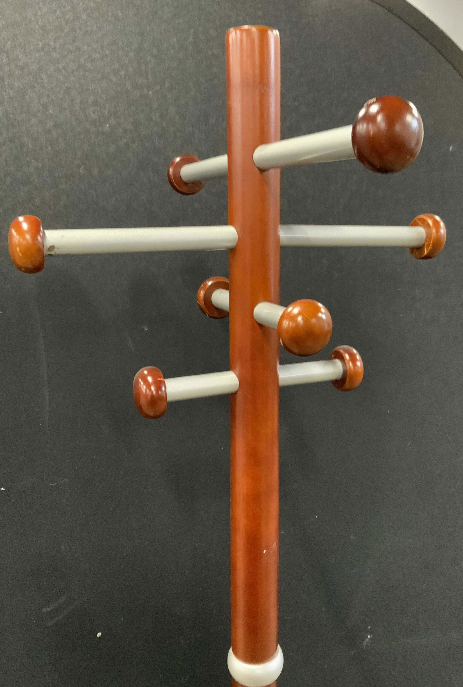 Mid Century Style Dark Wood Knob Hook Coat Rack: Mid century modern style Dark wood bubble/knob hook coat rack with painted silver arms. Top piece is loose to base, needs repair. Measures approx. 14.5 inches wide and 67 inches tall. Surface wear con