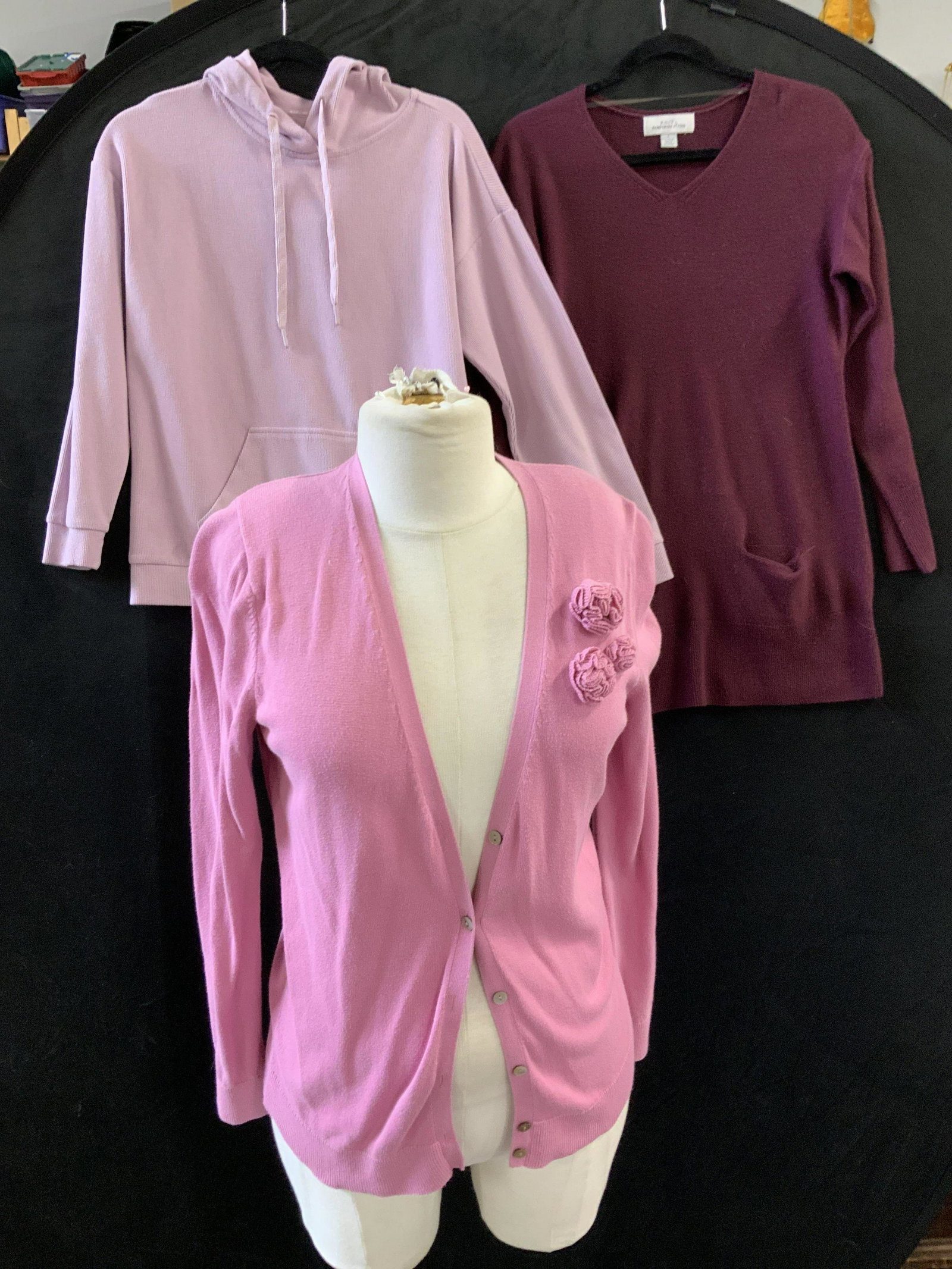 Marc NY, Lands End, Hampshire Studio Sweaters,3: Designer wear by Marc Jacobs NY, Lands End, and Knit by Hampshire Studio. All size Small or XS, lavender, pink, and eggplant colors. All with labels attached. Pink Lands End cotton cardigan with Roset