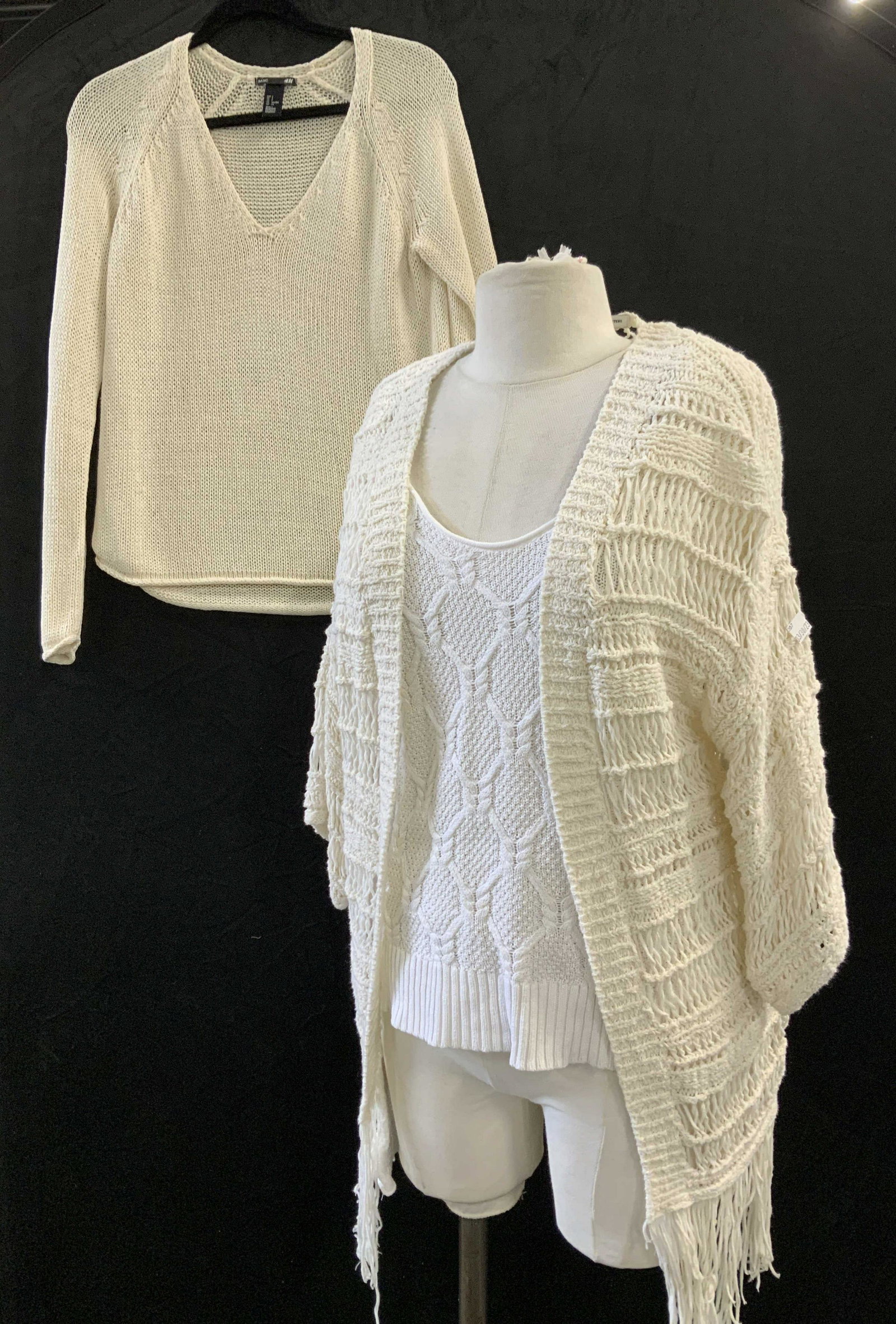 H&M, American Eagle Outfitters Light Sweaters, 3: American Eagle Outfitters bohemian knit cardigan with tassels, cotton and nylon, cream tone. Size Small. Unlabeled bright white cotton sweater with wide scoop neck, size Med H&M acrylic v neck sweater