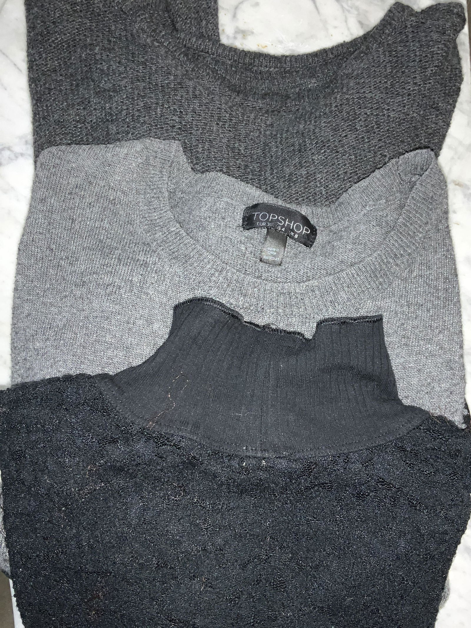 Grp 3 Lace & Wool Sweater , Italy sweaters: Unlabeled grey Sweater Made in Italy, 70% wool, 30% acrylic. Has some pilling. Wild Pearl black cotton sweater, size Med. W nylon lace. Will also fit a sz . small Top shop grey sweater with black lace