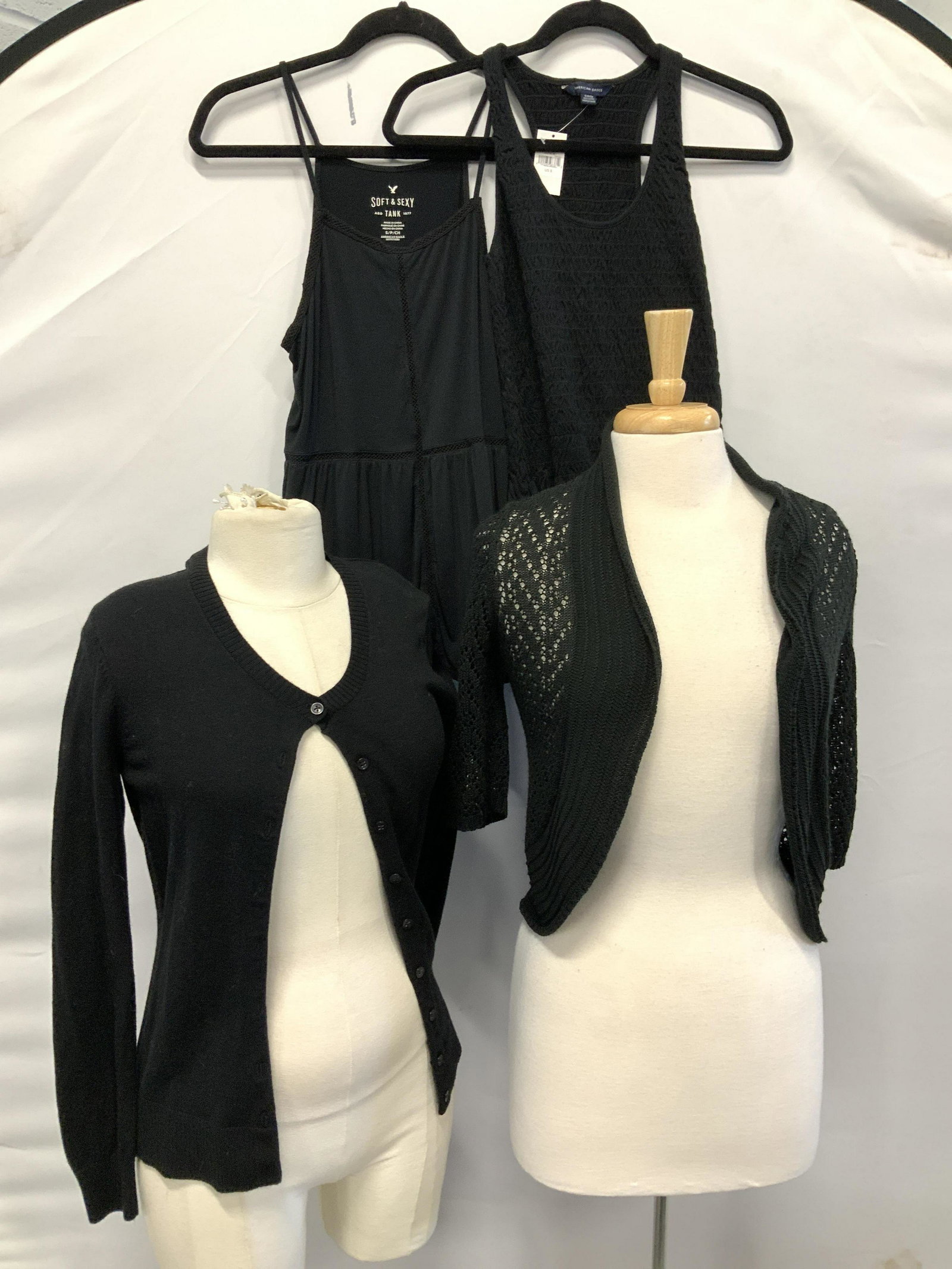 Lot 9 Eddie Bauer , American Eagle NWT, Tanks,more: Ladies Designer clothing, all size Small or XS.many black wearables, many tank tops/ summer wear, cardigans, or hoodie jacket.American Eagle Outfitters New with tag cotton blouse ruched tank top Jones
