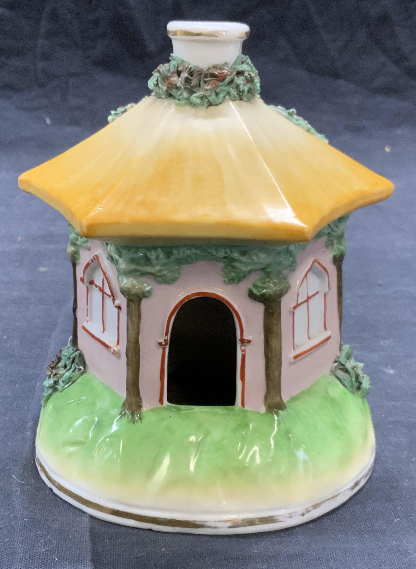 Vintage CAPODIMONTE Porcelain Cottage Figurine: Vintage Capodimonte porcelain cottage figurine. Trademarked N with crown to underside. Measures approx. 4 inches diameter and 5 inches tall. Some surface wear consistent with exposure. Capodimonte, ca