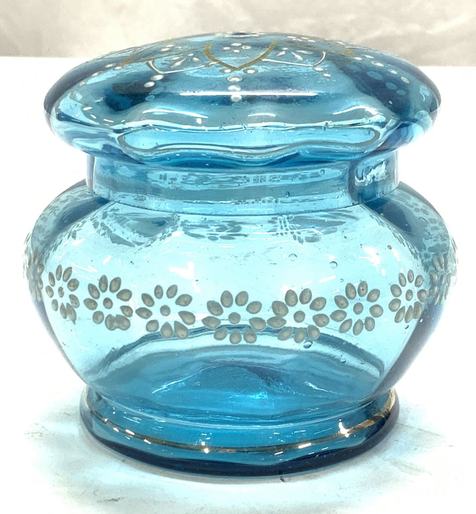 Hand Painted Aqua Blue Glass Dresser Jar (1 of 6)
