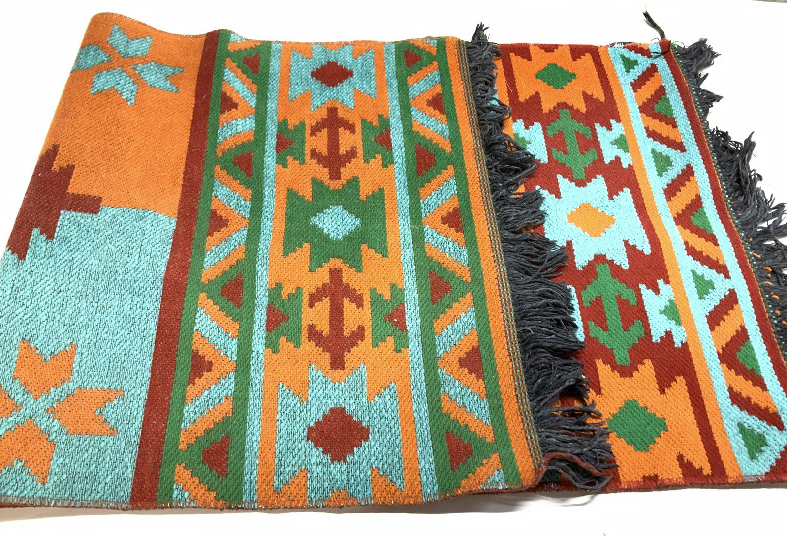 Native American Chenille Tapestry/Accent Rug: Colorful Native American home decor, use as a Wall Tapestry or as an accent rug. Colors of orange, red, green, and turquoise. End tassels . Chenille texture. Measures 21.75 x 52.5 in. Navajo home deco