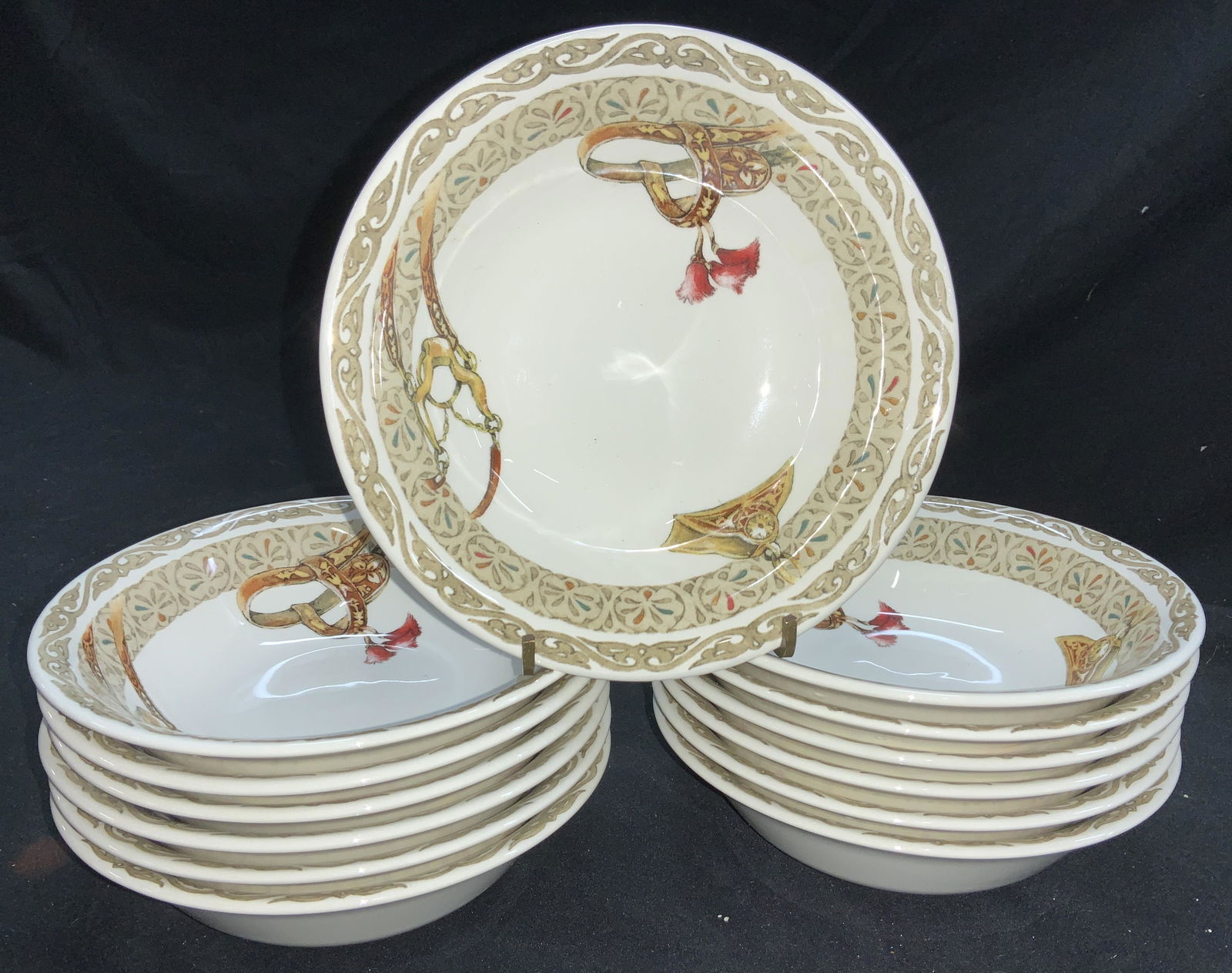 Set 13 GIEN FRANCE Chevaux du Vent Porcelain Bowls: Dishwasher safe Gien France Chevaux du Vent porcelain bowls . Set 13. Each measures approx. 6.5 in. diameter x 1.75 in. Ht. Equestrian motif. Gien France Bowls, Luxury Designer Bowls, Luxury French Ch