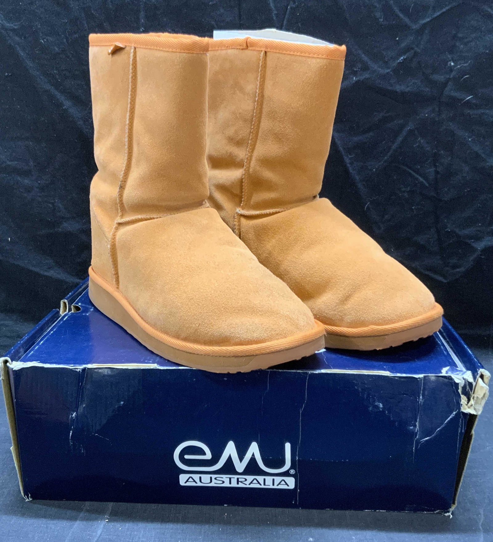 EMU AUSTRALIA Orange Suede Mid Boots: Emu Australia orange suede mid length boots with merino wool lining. Size 10. Gently worn. Designer label on soles. Includes box. Emu, emu Australia, emu boots, ladies designer boots, ladies mid boots