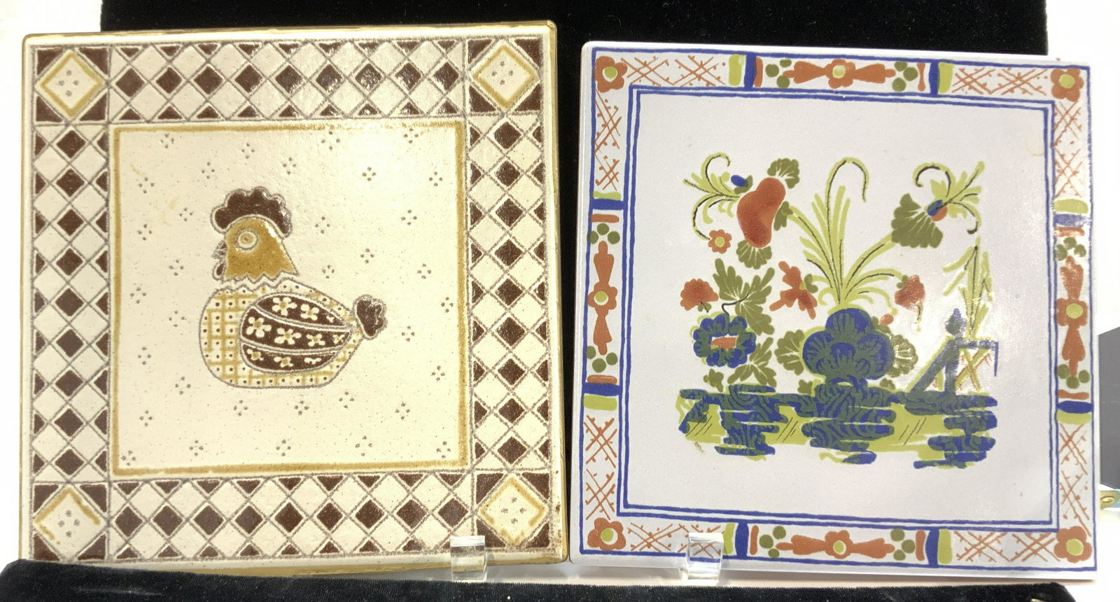 Pair MIRASOL Ceramic Terra Cotta Trivets: Hand Painted Trivets with underside cork. One with image of a chicken in mid century colors of cream, yellow and brown. Measures 8 x 8 in. Has a brass metal frame around edges and sticker label MIRASO