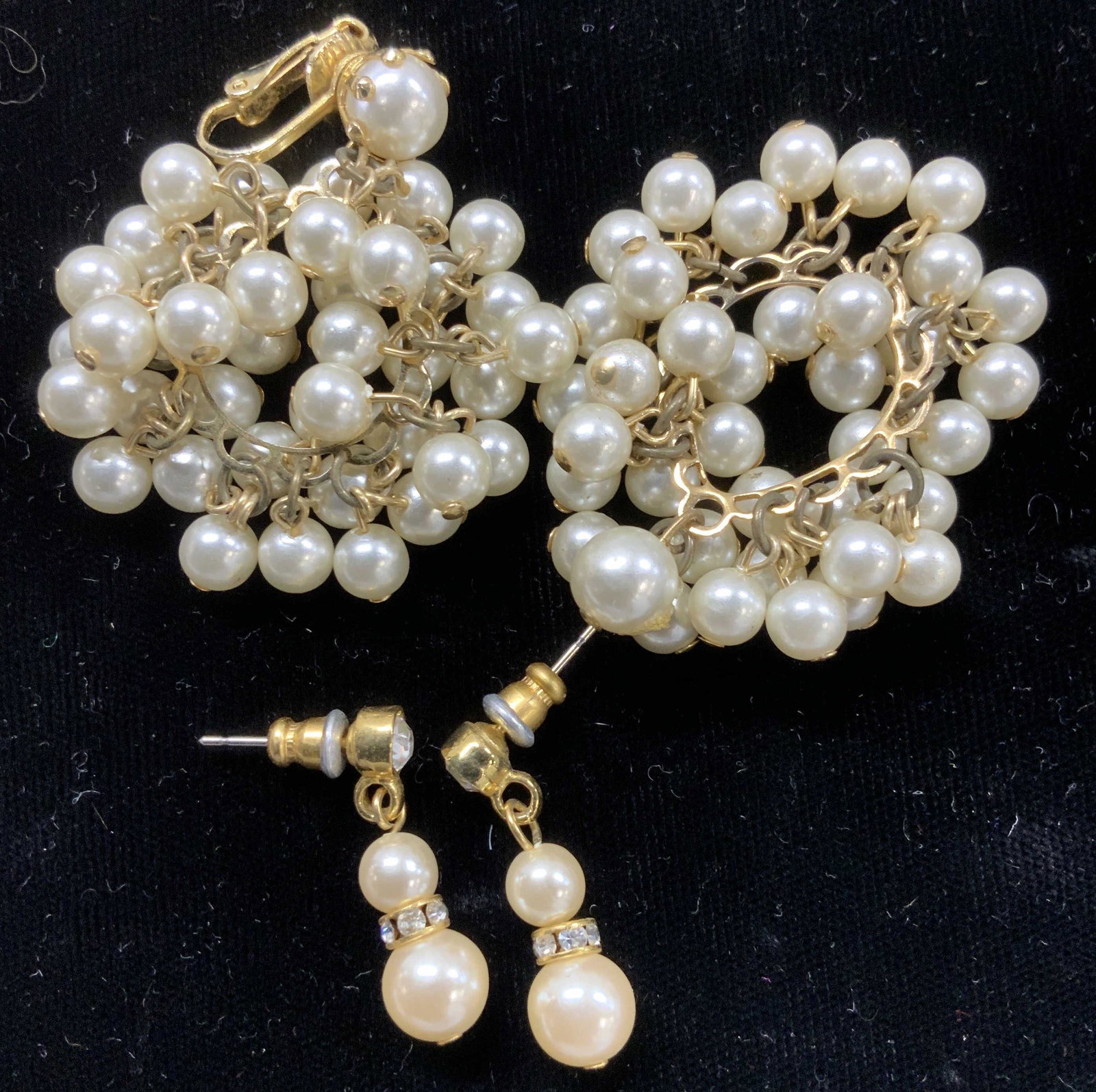 Faux Pearl Earrings, Accessories, 4 items: Faux Pearl post back earrings with crystal stud, 1 in drop. Antique white in tone. Faux Pearl cluster earrings, one earring missing clip on clasp, up cycle for arts and crafts or other jewelry making.