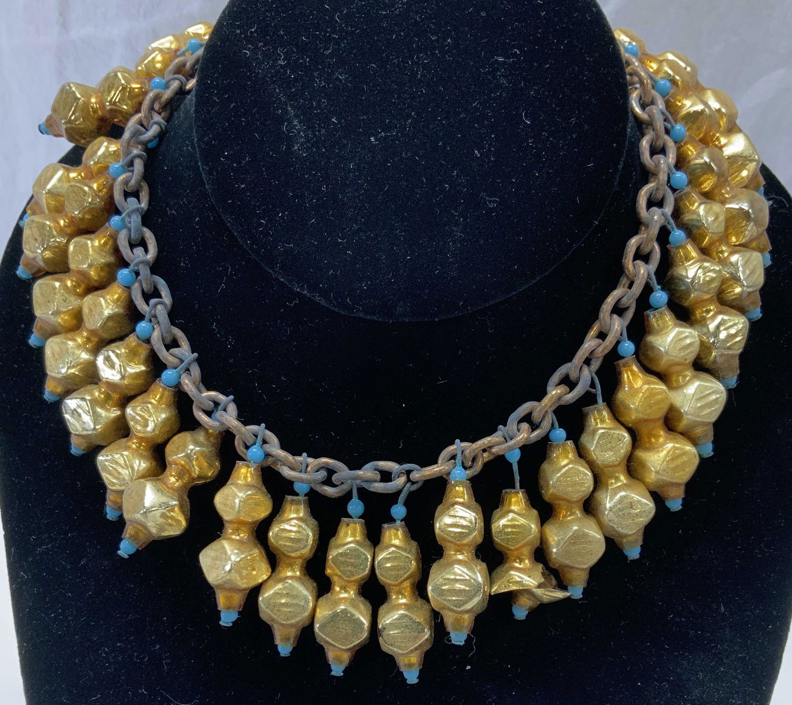 Gold tone and Blue Bead Bib Choker Necklace (1 of 6)