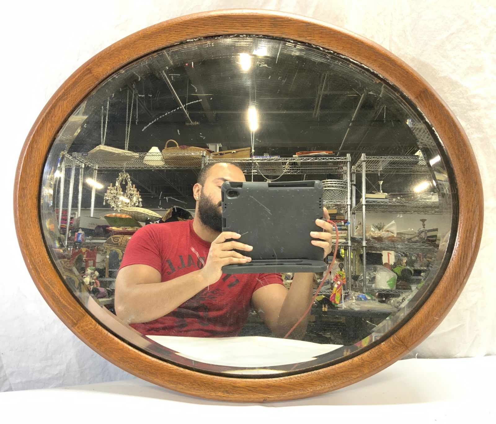 Vtg Ellipse Shaped Wood Frame Beveled Wall Mirror (1 of 6)