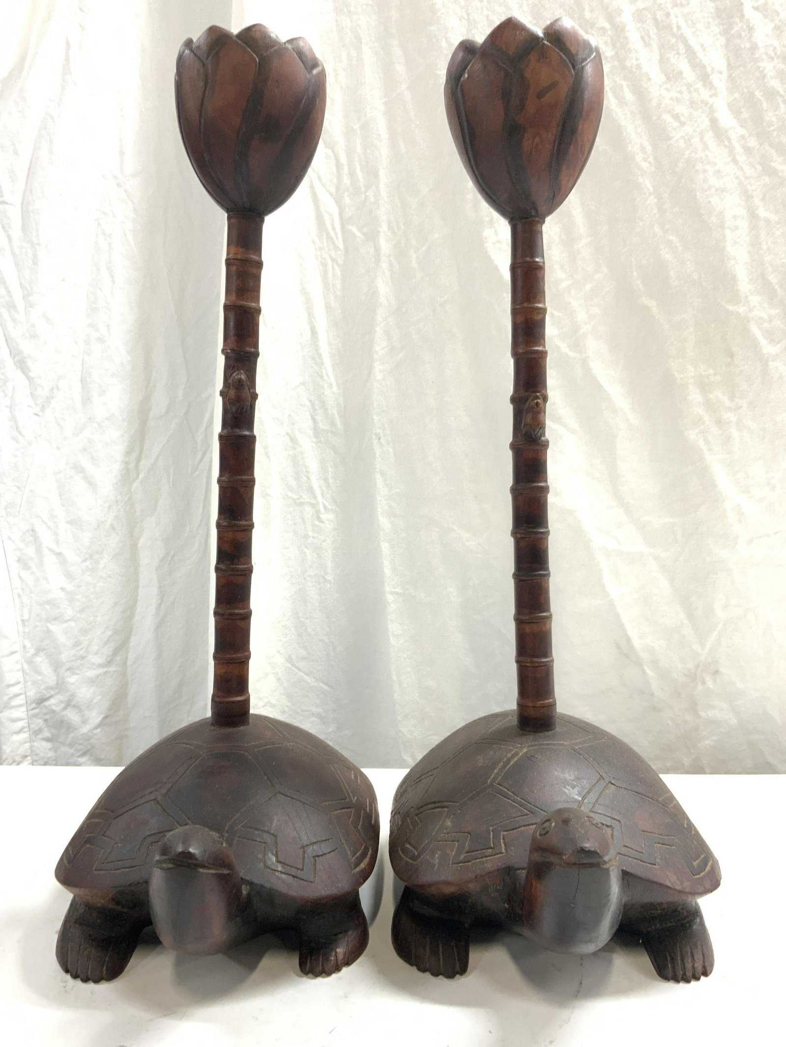 Pair Carved Wooden Turtle Candlesticks (1 of 9)
