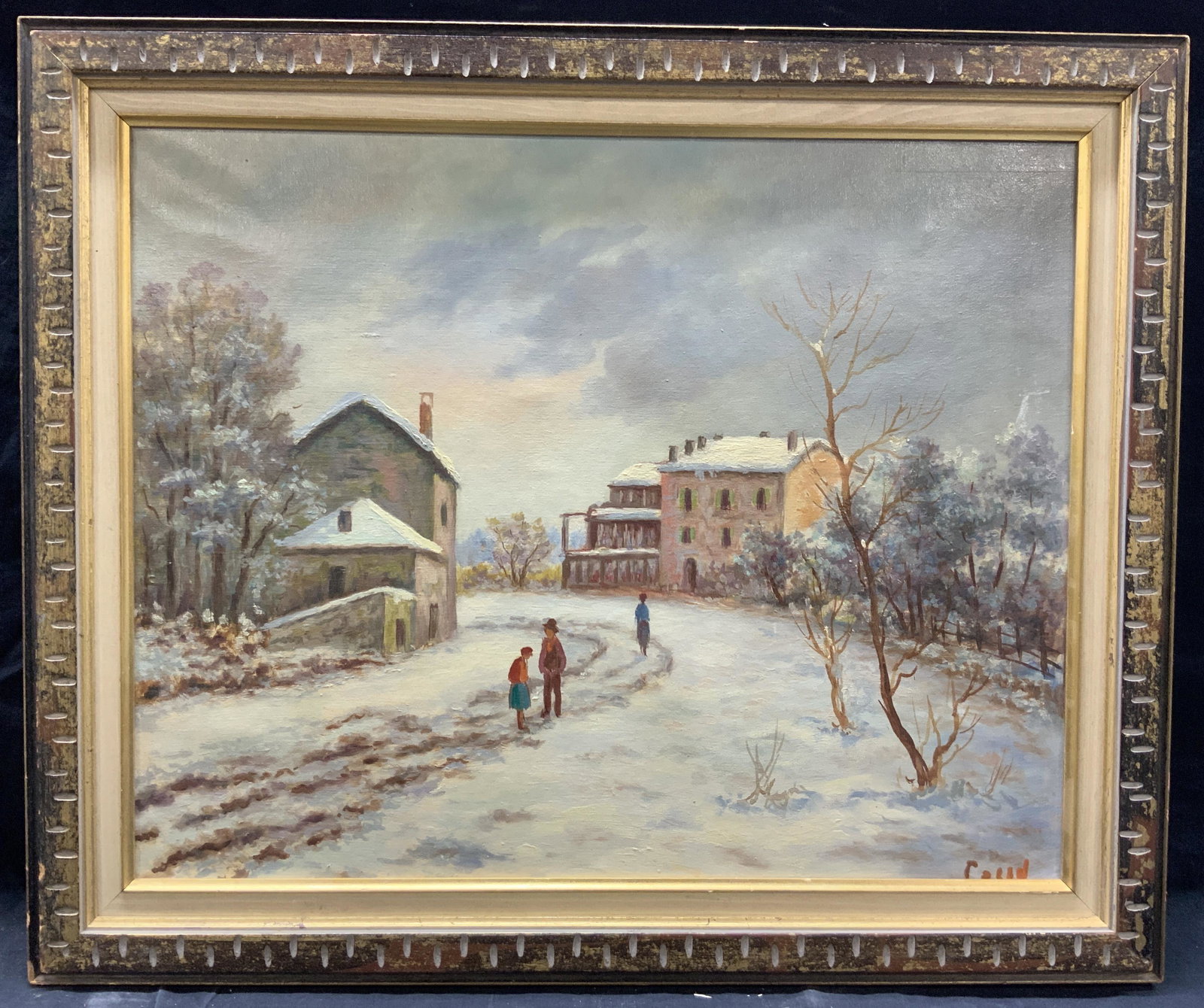 Signed Snowy Town Landscape Oil Painting (1 of 8)