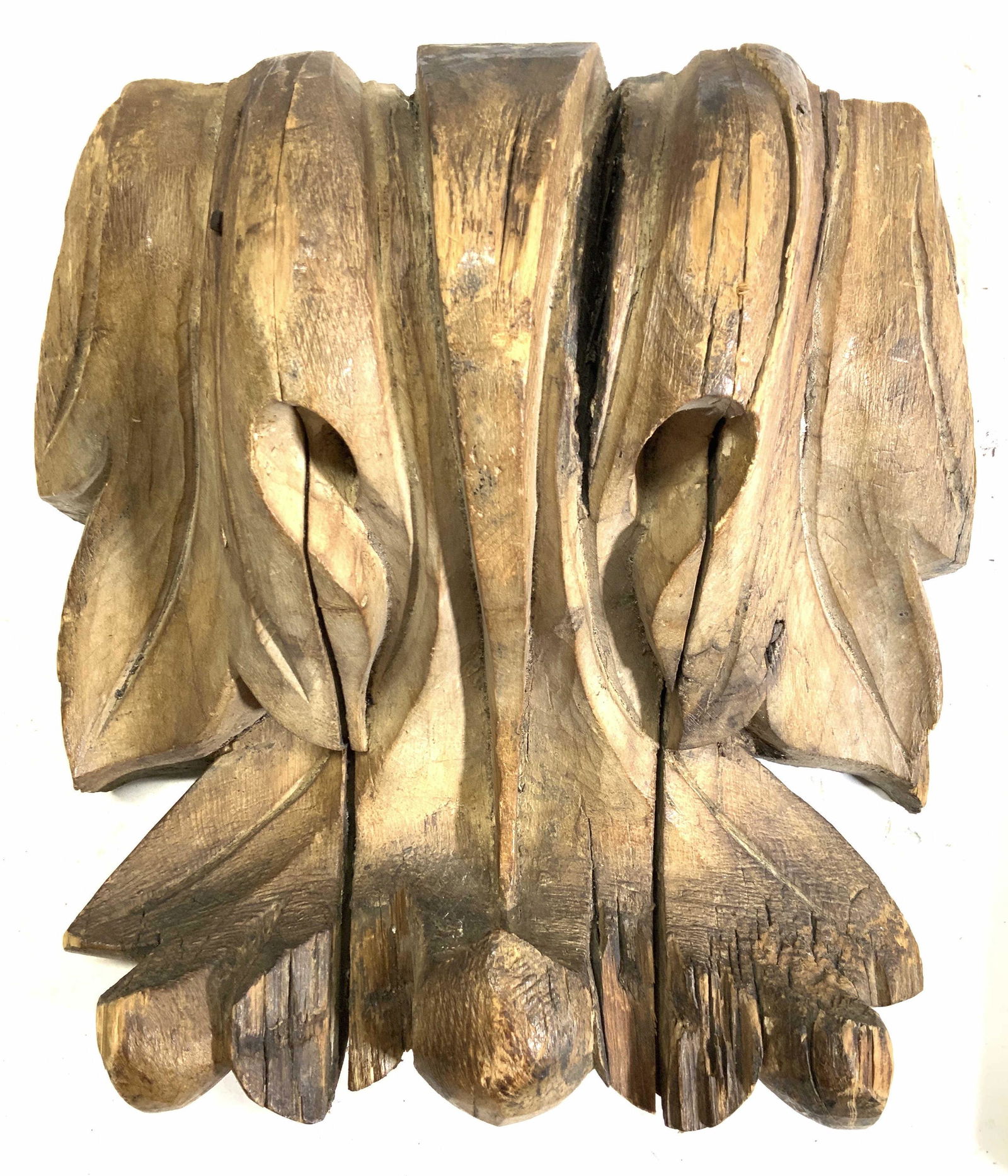 Antique Carved Wood Cornice/ Shelf: Carved wood cornice with 3 sections nailed together. Measures 11.75 x 12 x 7 in. Wood has wear; dried out and a bit loose construction. Architectural Wood Cornice, Antique Wood Architecture Cornice, A